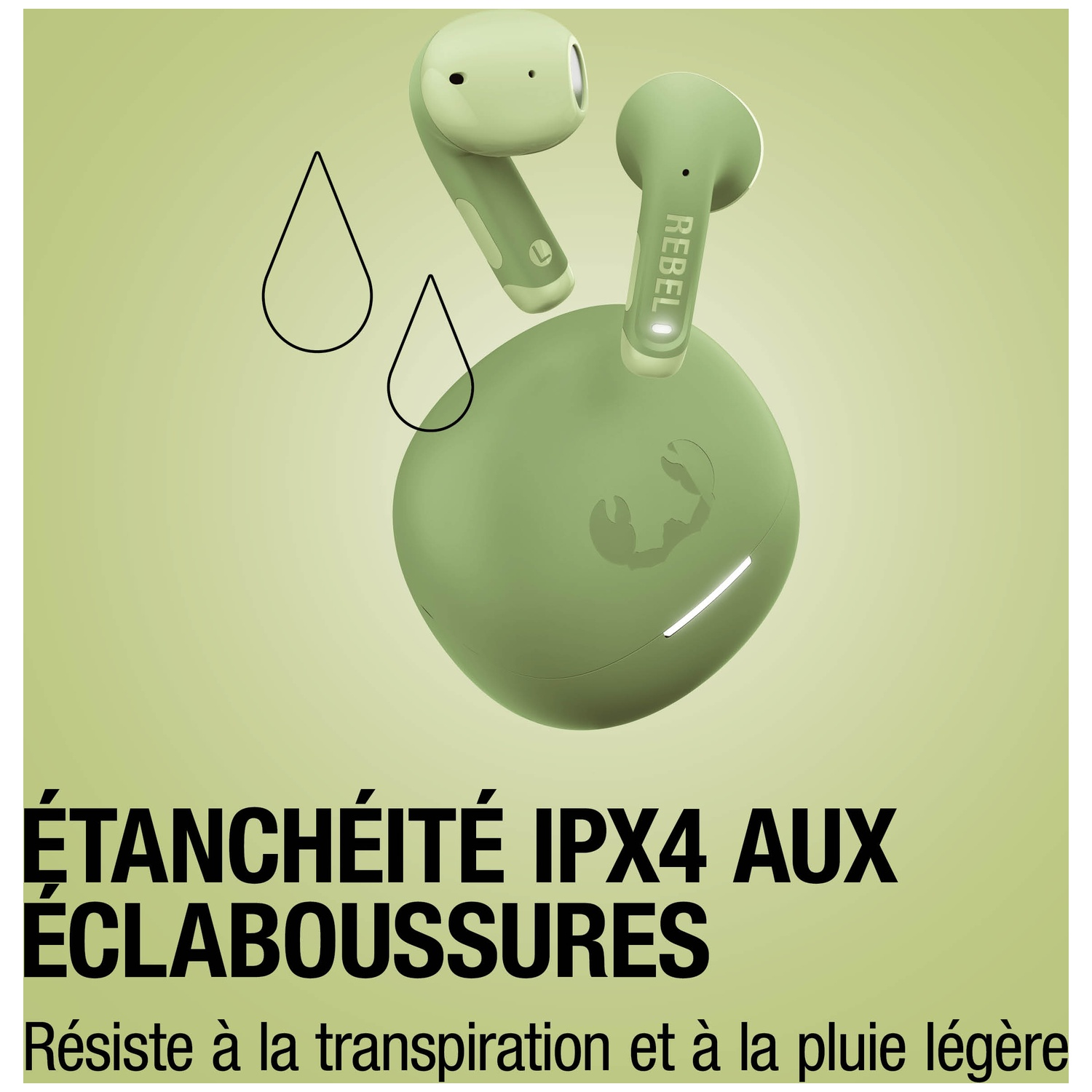 Écouteurs et étui de chargement verts, résistants aux éclaboussures IPX4.