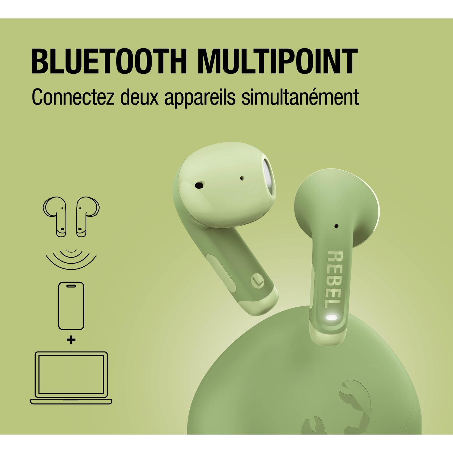 Écouteurs sans fil verts avec étui de chargement, connectés à un téléphone et un ordinateur.