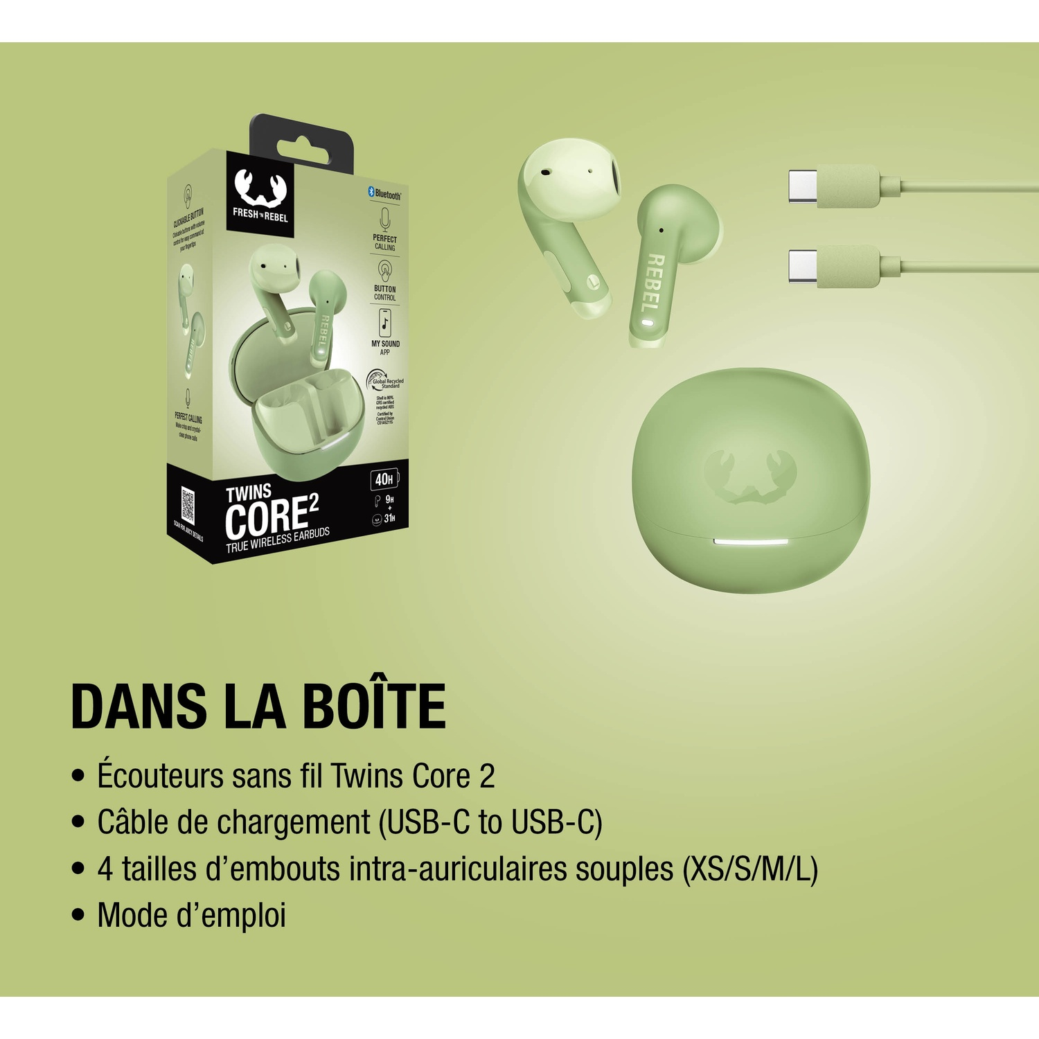 Écouteurs True Wireless verts avec étui de chargement et câble USB-C. Détails de l'emballage à gauche.