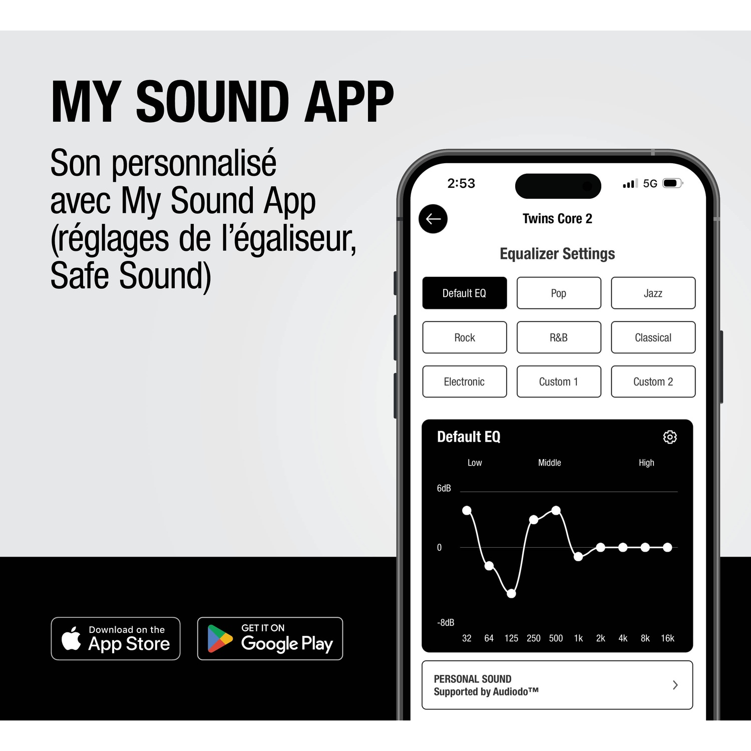 Écran d'application montrant les réglages de l'égaliseur et la courbe.