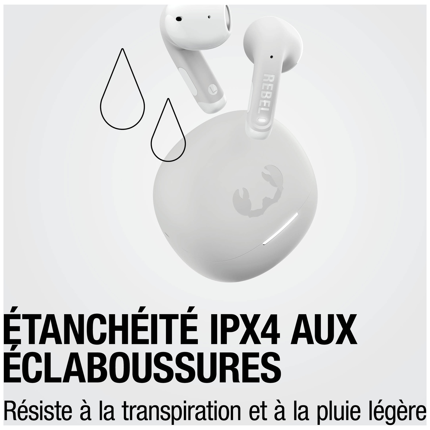 Écouteurs et étui de chargement blancs avec icônes de gouttes. IPX4.