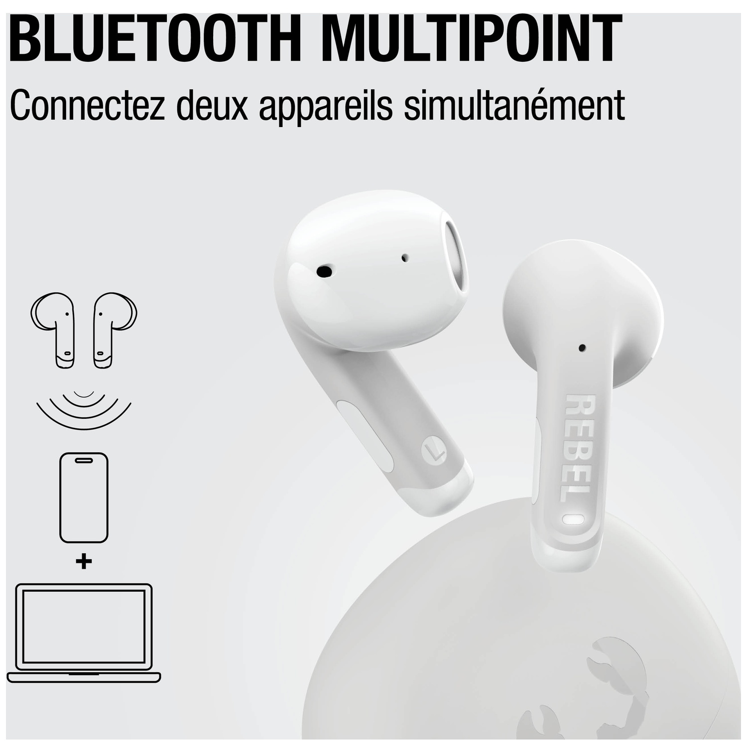 Écouteurs blancs avec étui de chargement. Icônes montrent connexion de deux appareils.