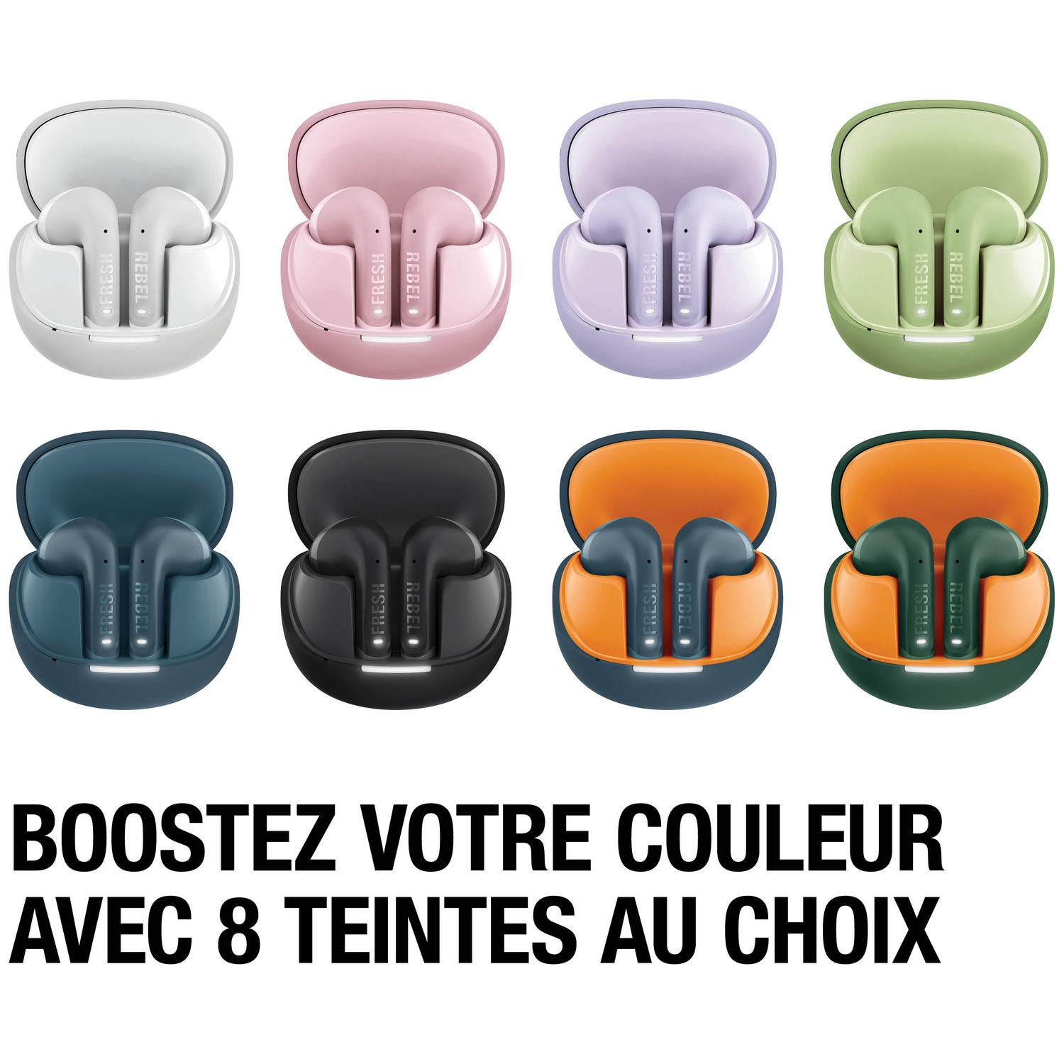 Huit écouteurs sans fil de différentes couleurs, avec étuis de charge.