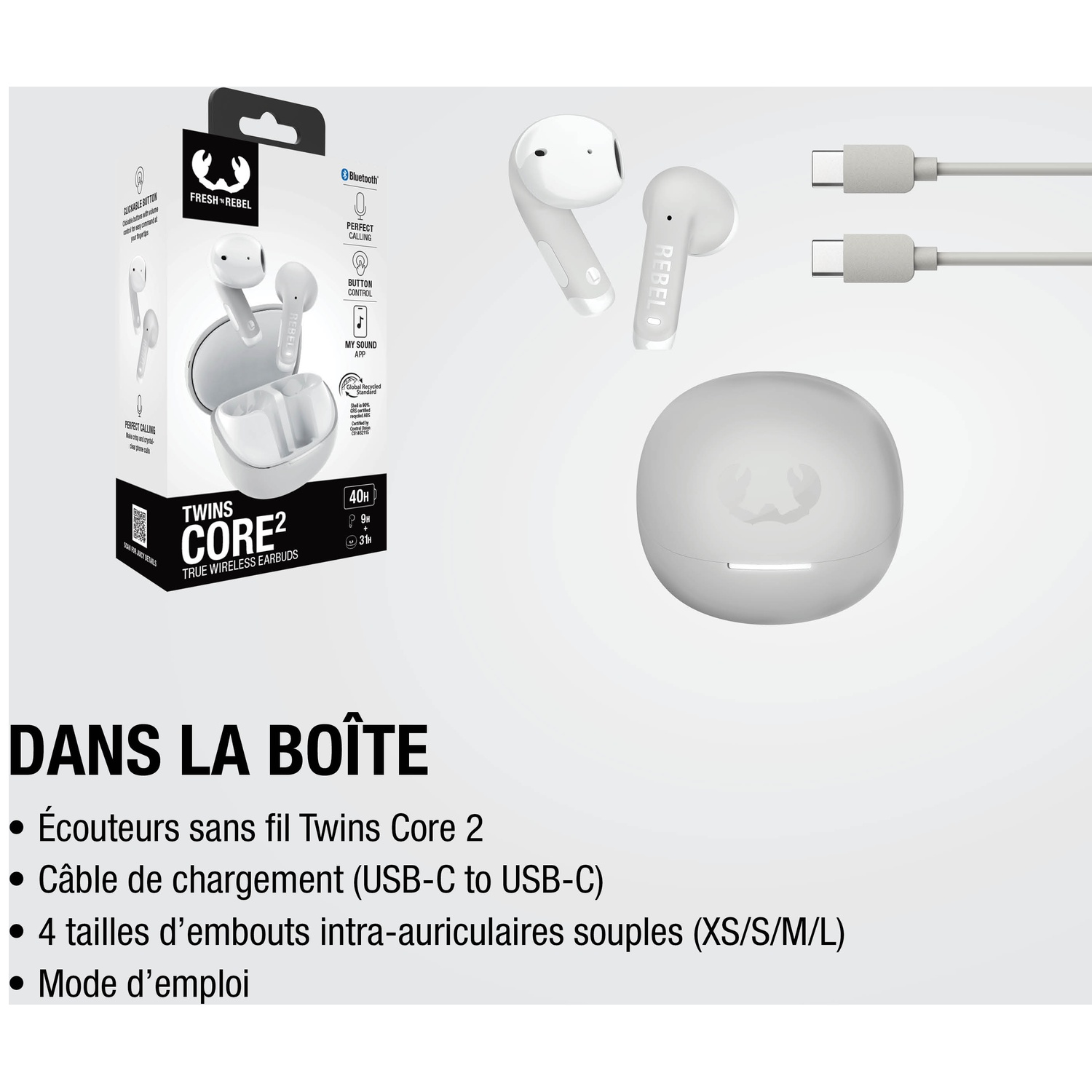 Écouteurs blancs sans fil avec étui de chargement et câbles USB-C.