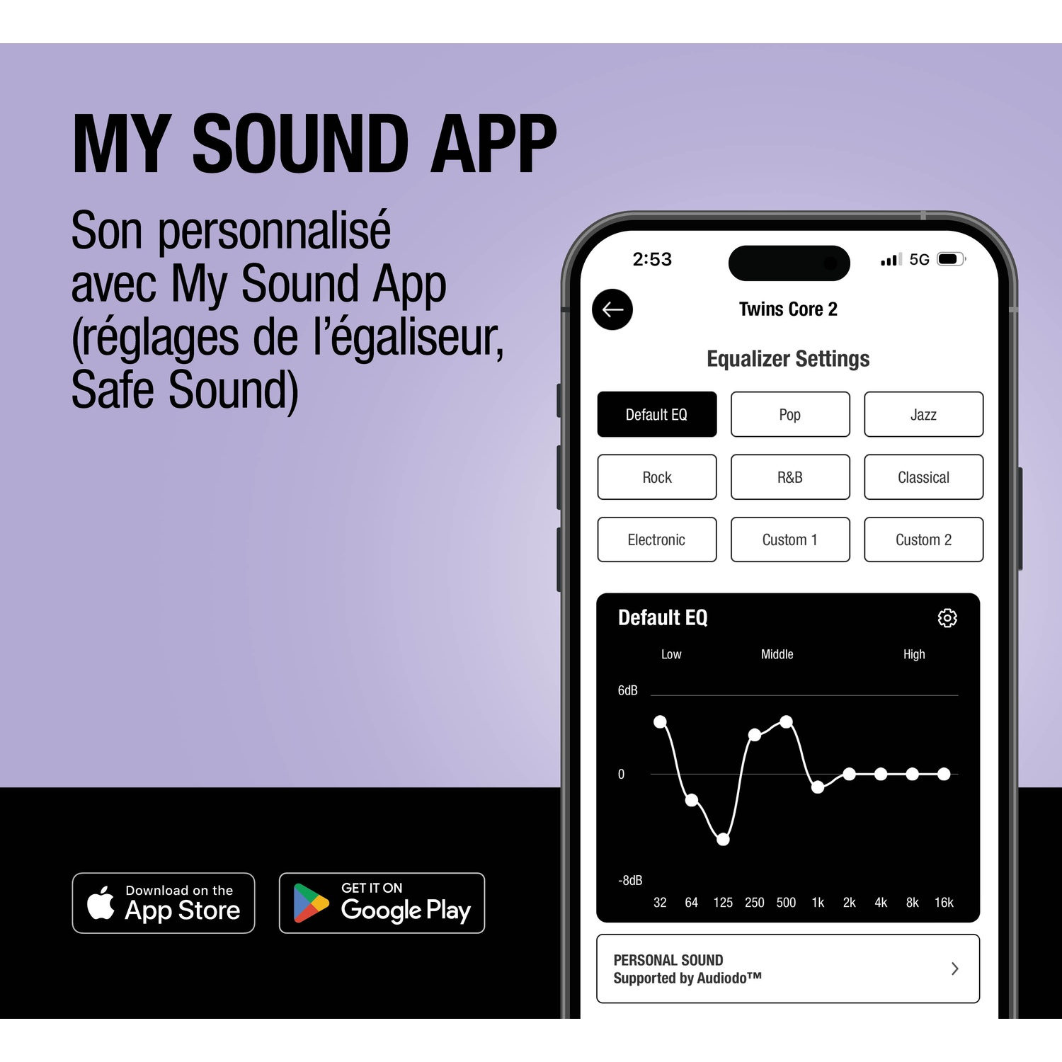 Capture d'écran d'une application montrant les réglages de l'égaliseur et les boutons de téléchargement.
