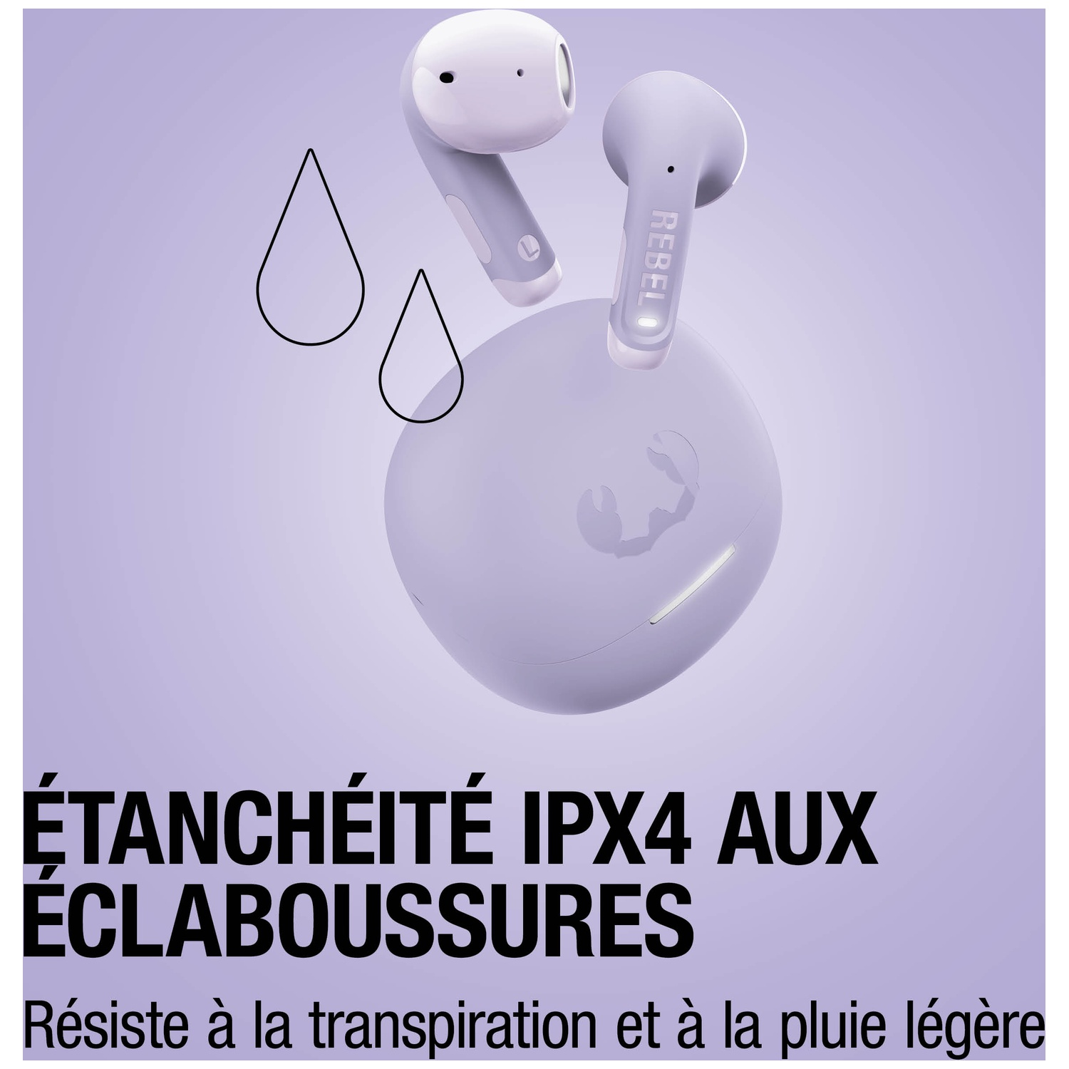 Écouteurs lavande avec étui et icônes de gouttes d'eau. IPX4 résistant à l'eau.