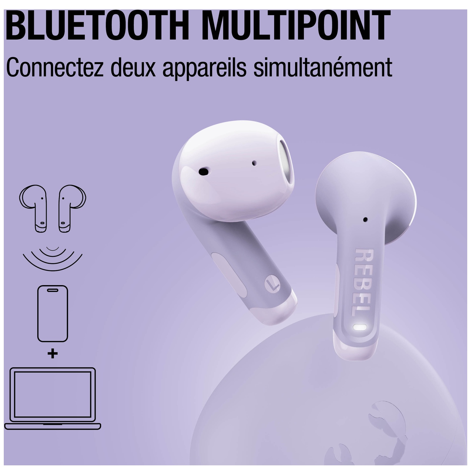 Écouteurs violet clair avec étui de chargement, connectés à un smartphone et un ordinateur.