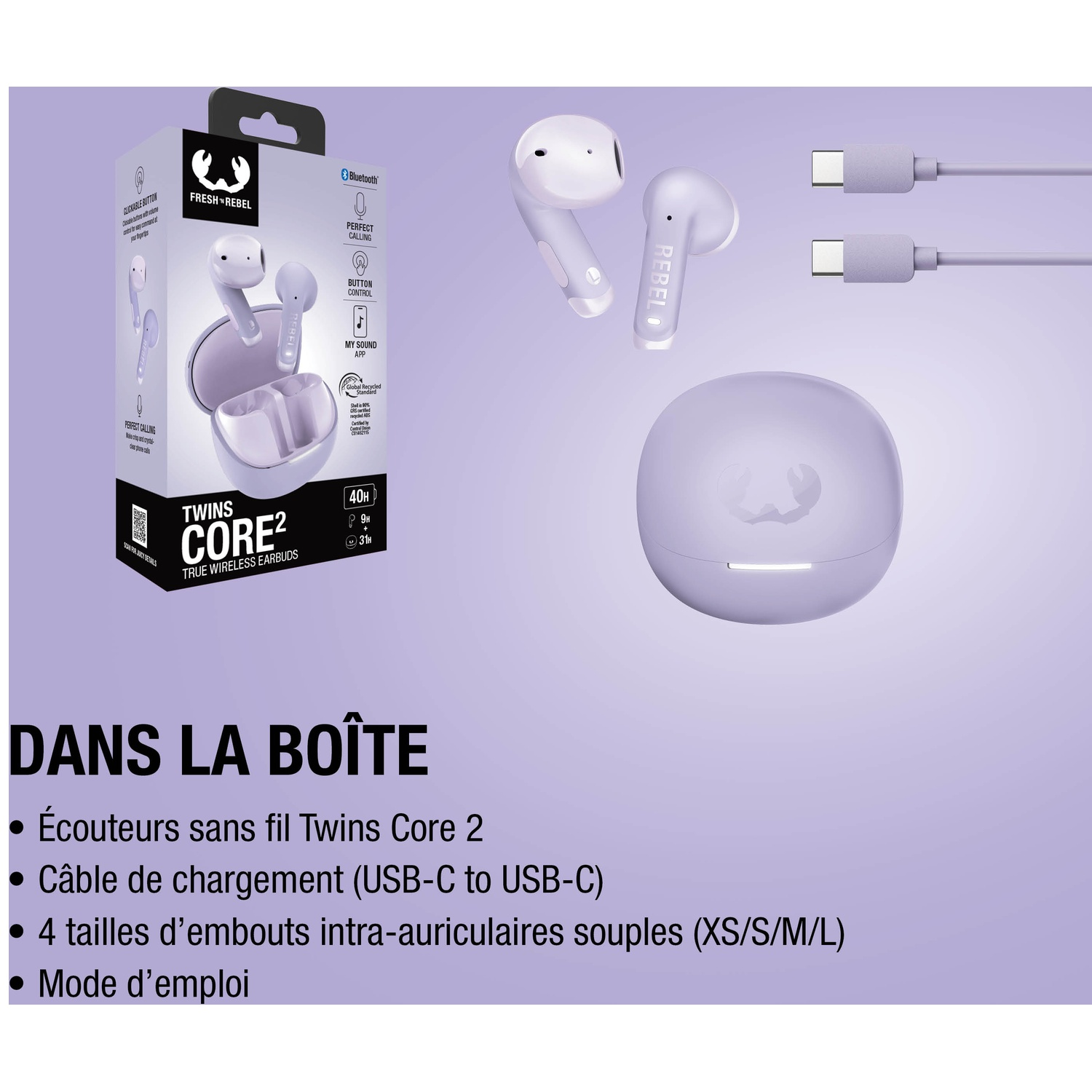 Écouteurs violets Fresh Rebel Twins Core 2 avec étui de chargement et câbles USB-C.