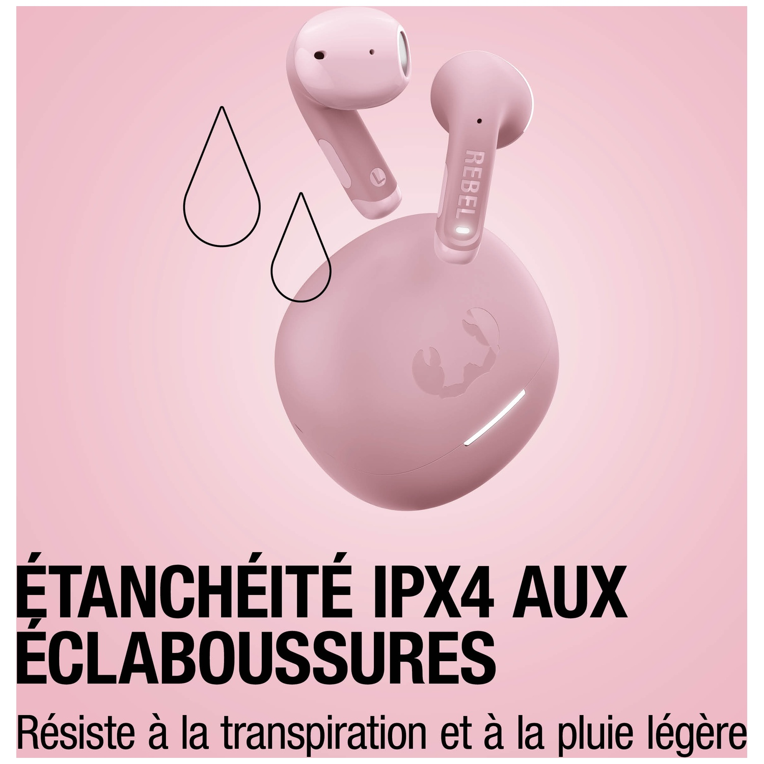 Écouteurs sans fil roses avec boîtier de charge et icônes de gouttes.