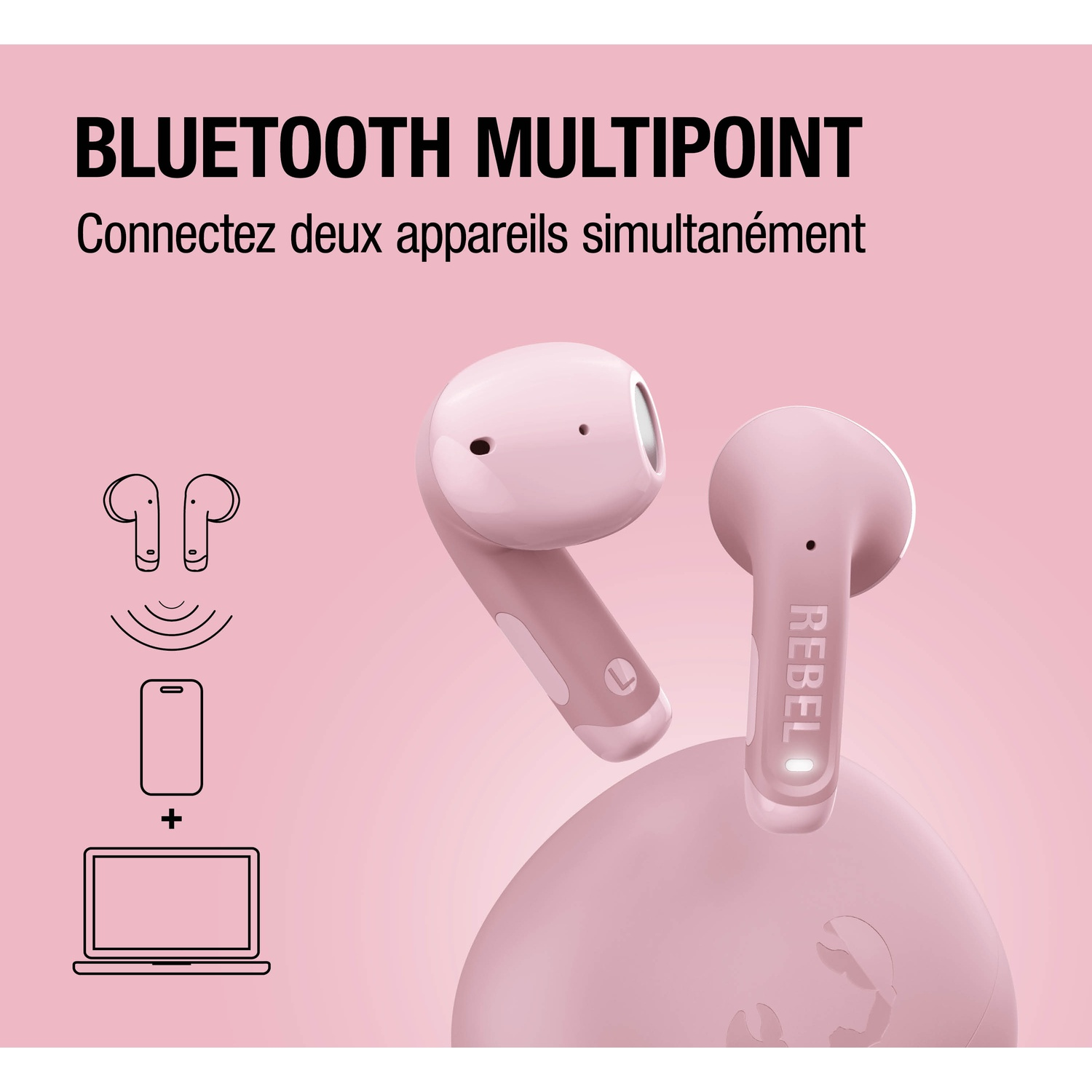 Écouteurs sans fil roses avec étui de chargement, connectés à un téléphone et un ordinateur.