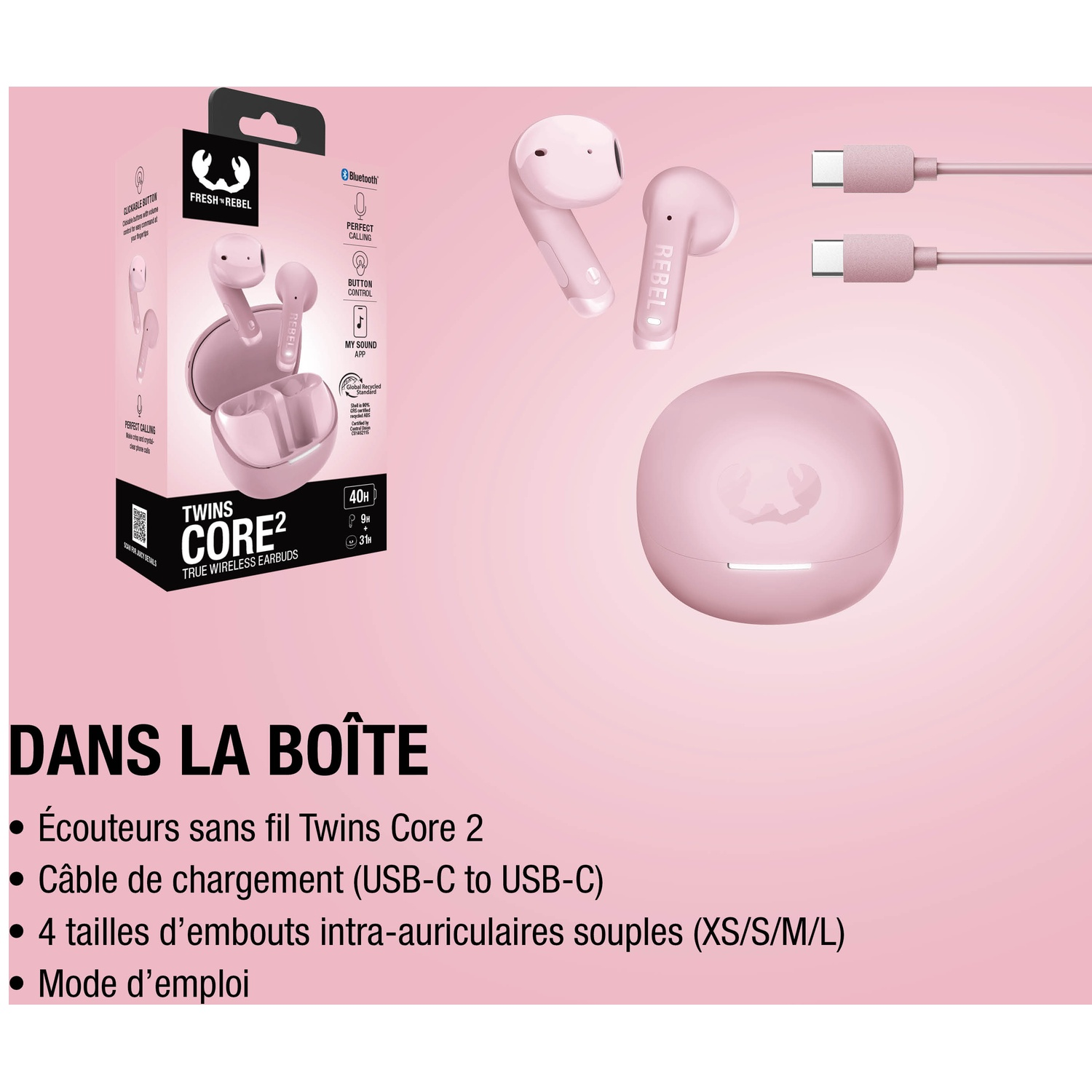 Un emballage d'écouteurs rose avec écouteurs, câble de chargement et étui de chargement.
