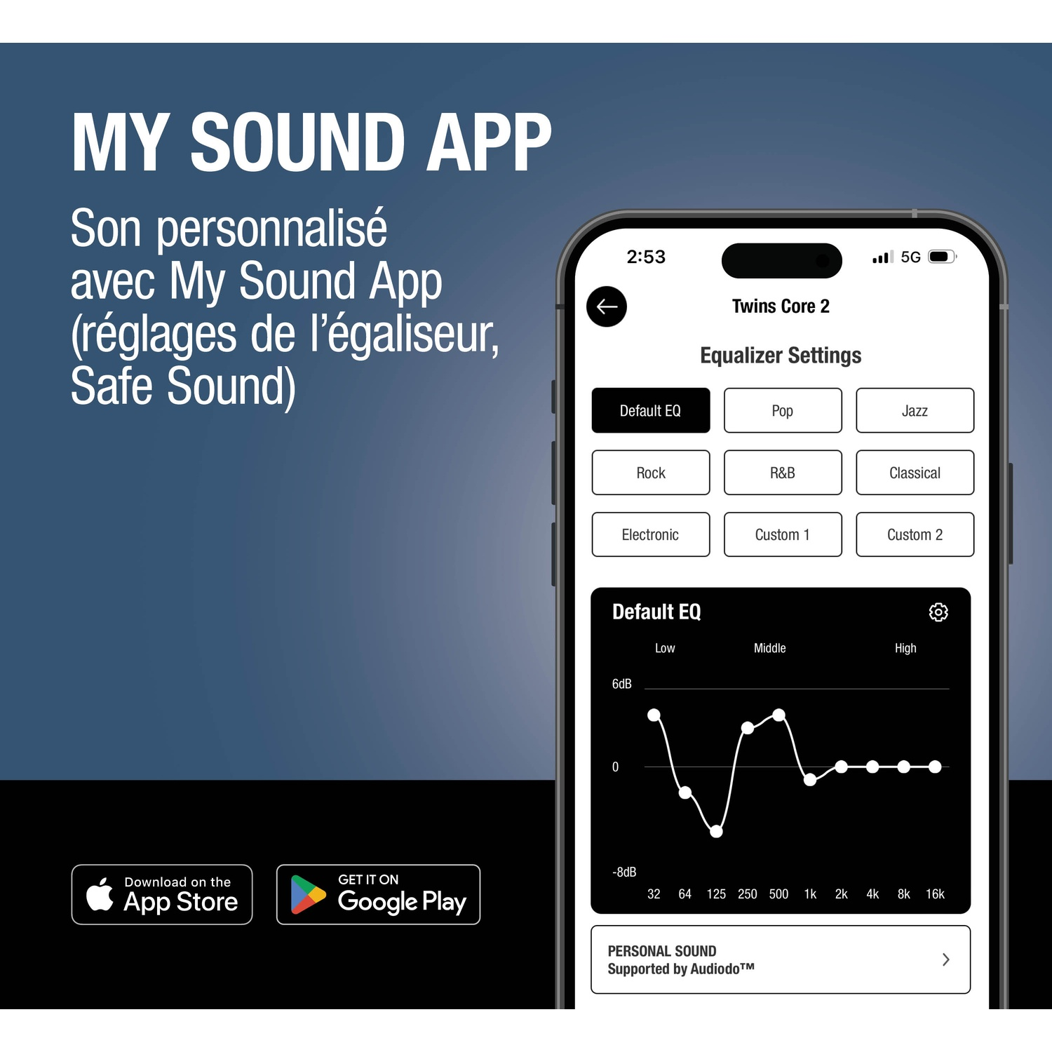 Écran d'application montrant les réglages de l'égaliseur avec un graphique d'ajustement audio.