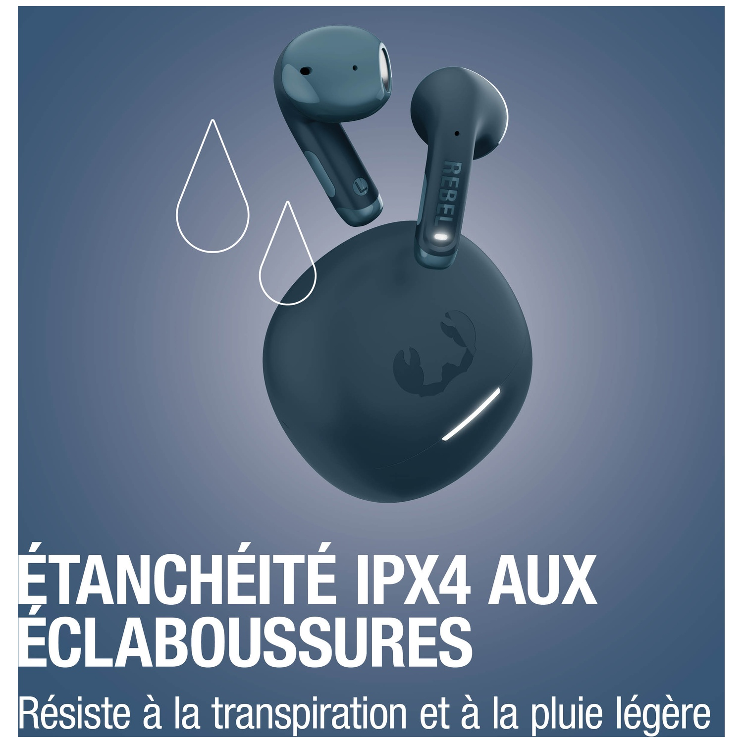 Écouteurs sans fil bleus et étui de chargement, résistants aux éclaboussures.