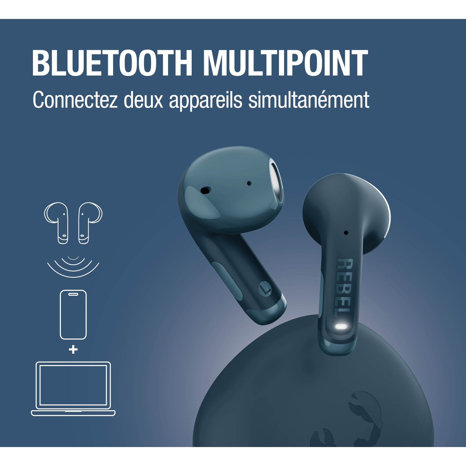 Écouteurs sans fil bleus avec boîtier de chargement et icônes de connexion.
