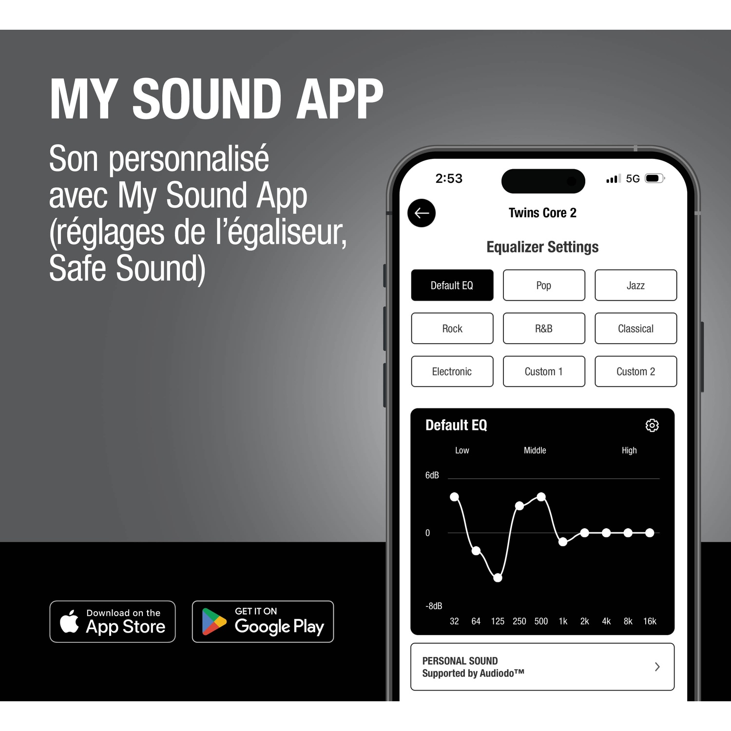 Écran d'application montrant les réglages de l'égaliseur et le graphique EQ.