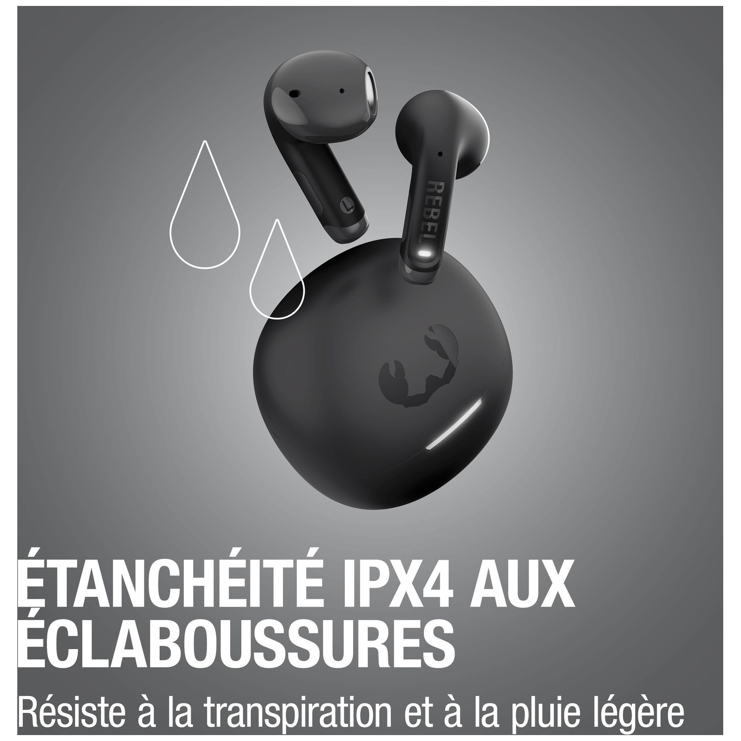 Écouteurs sans fil noirs avec étui de chargement, indiquant une résistance aux éclaboussures IPX4.