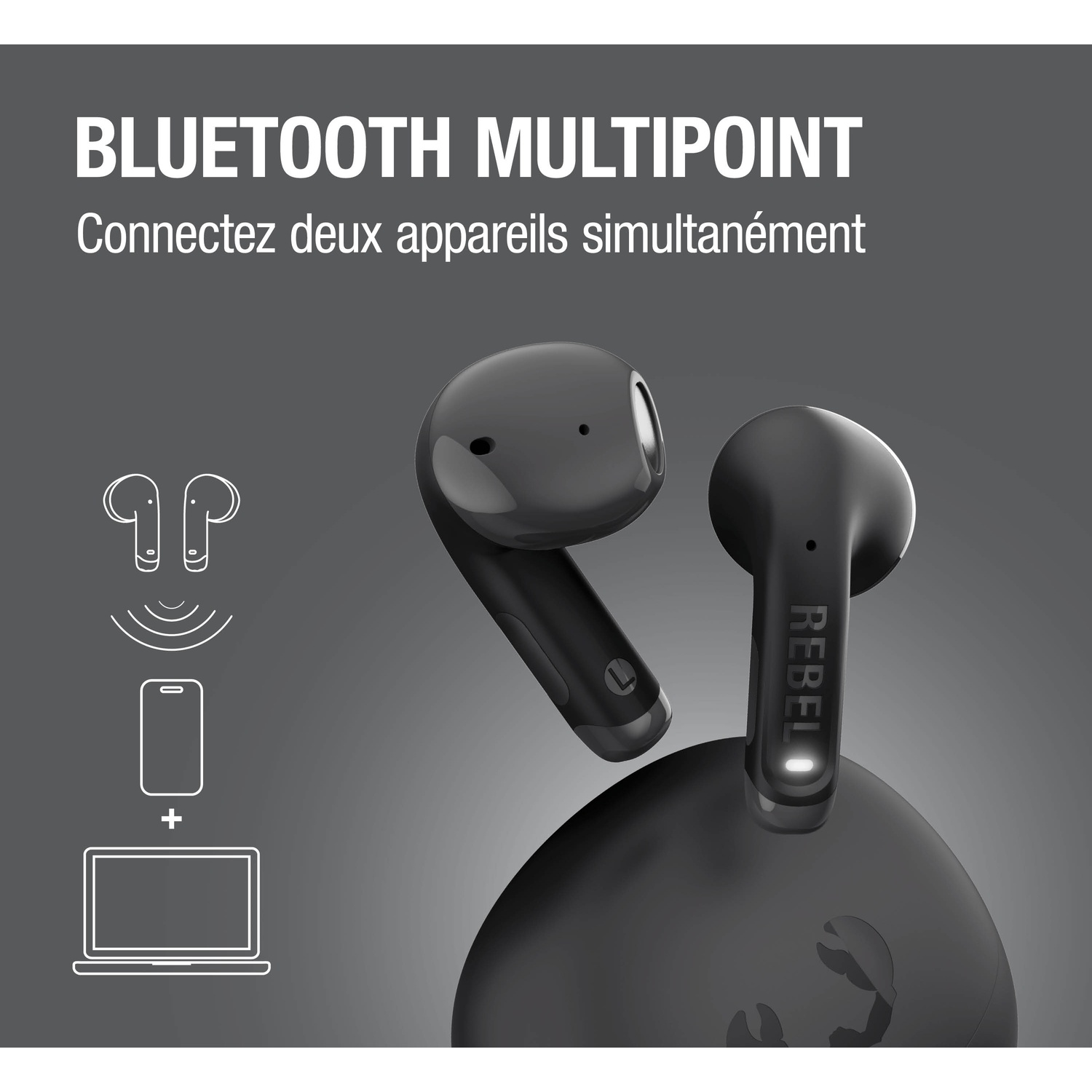 Trois écouteurs noirs et un étui de chargement. Un diagramme avec des symboles Bluetooth est à gauche.
