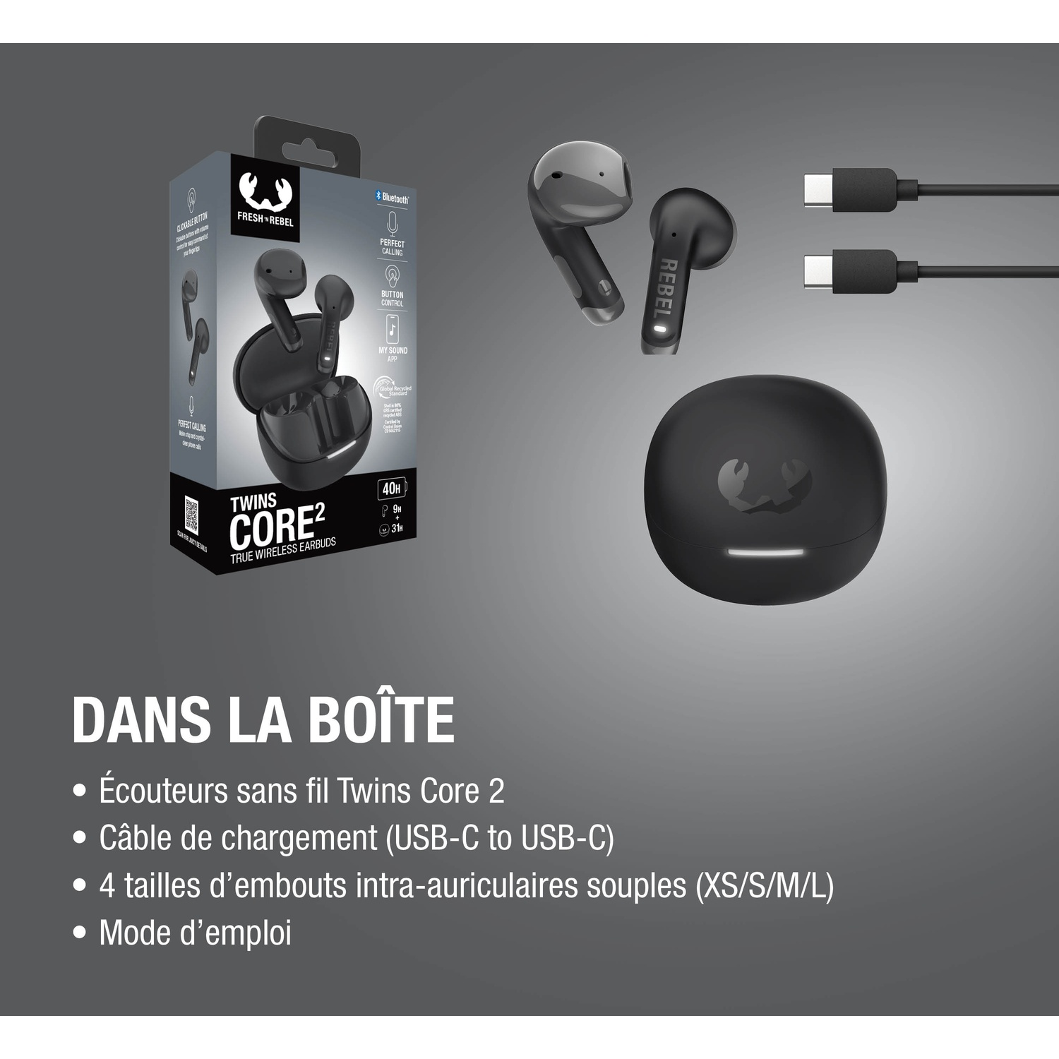 Emballage avec écouteurs noirs, boîtier de chargement et câbles USB-C.