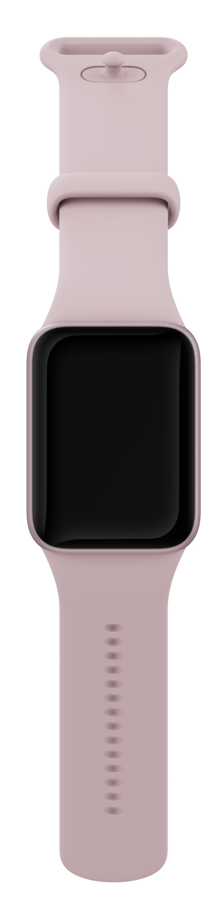 Różowy smartwatch z czarnym ekranem i perforowanym paskiem.