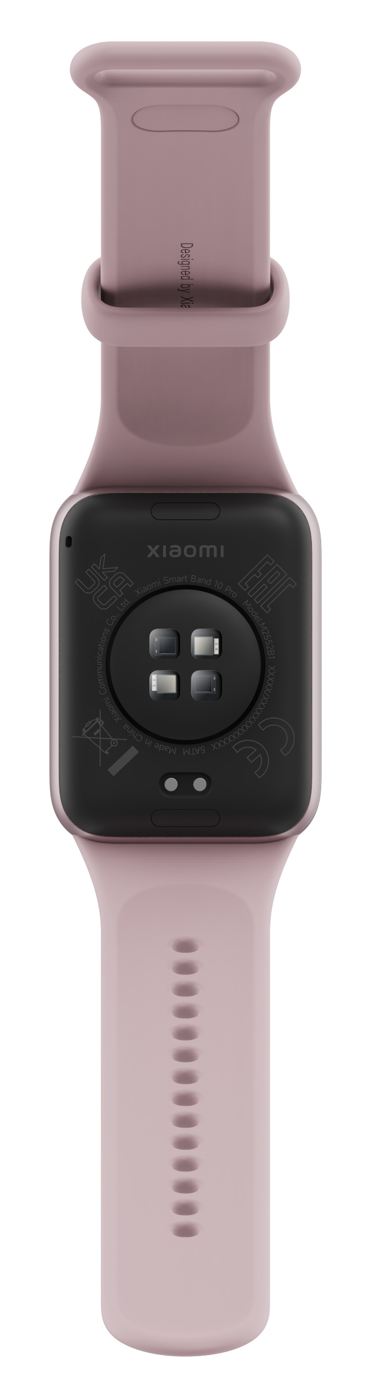 Tył różowej opaski smartwatch z czujnikami i napisami.
