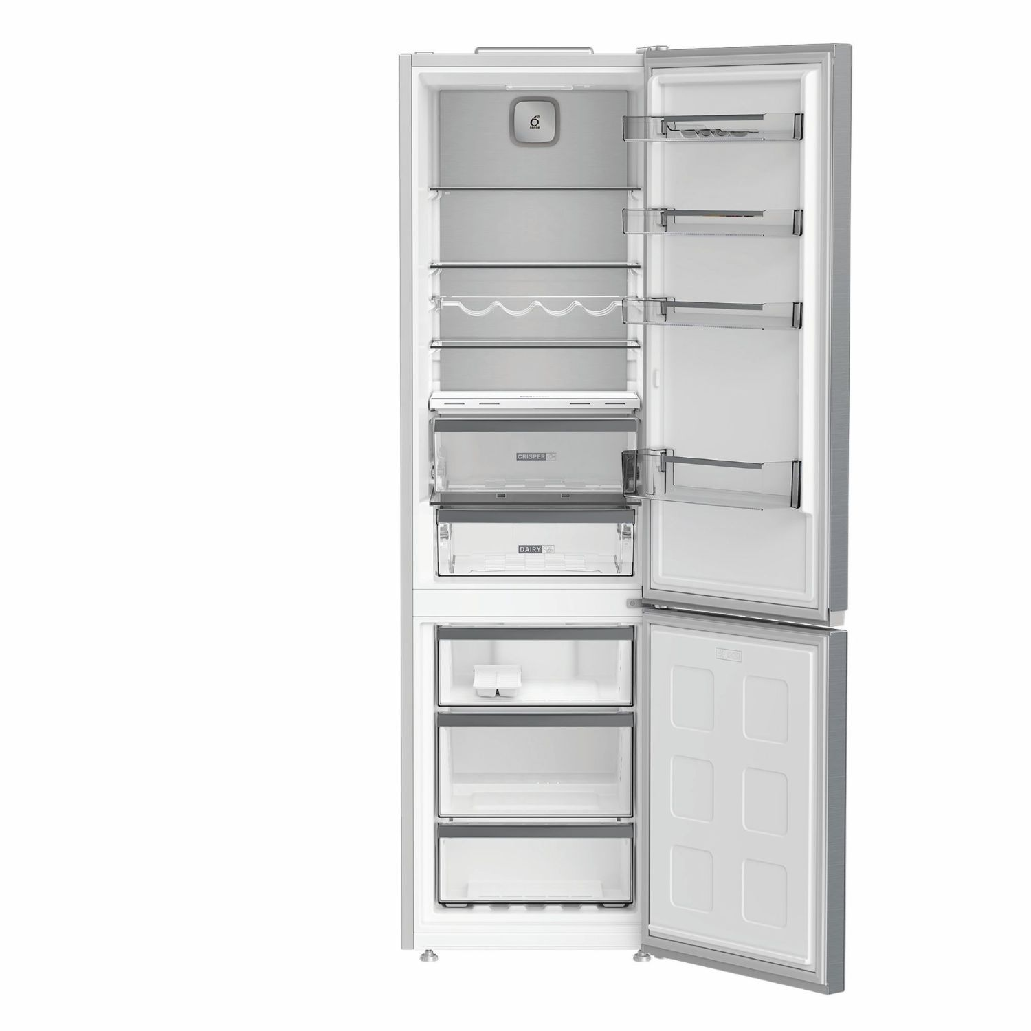 Refrigerador plateado abierto con estantes de cristal, cajones crisper y cajones congeladores.