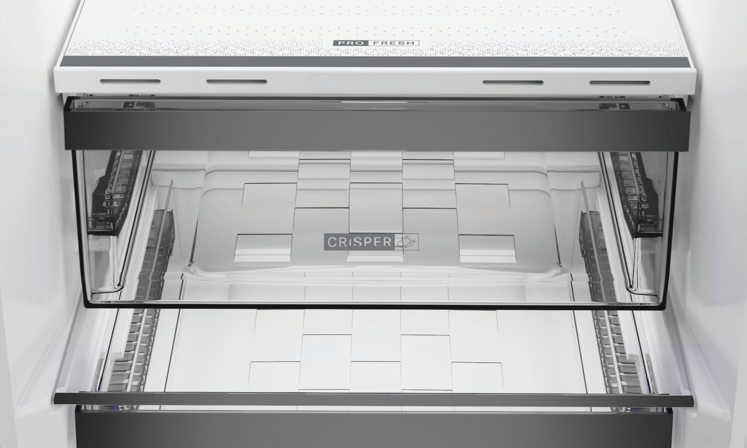 Vista interior de un refrigerador con cajones transparentes y etiqueta "Pro Fresh".