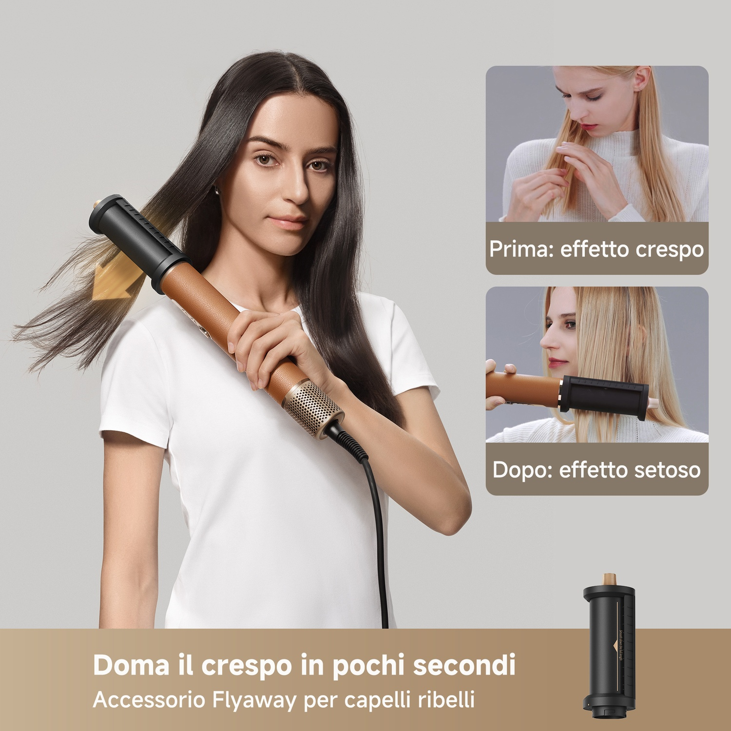 Donna usa piastra. Immagini prima/dopo mostrano capelli crespi diventare lisci.