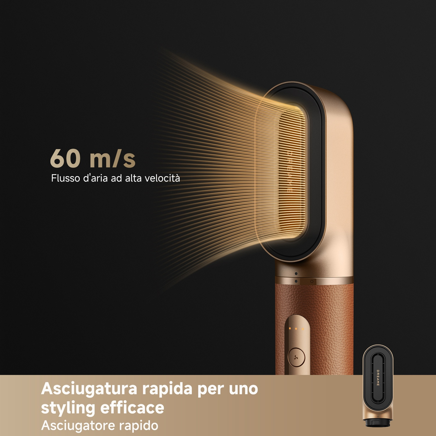 Un asciugacapelli dorato con un forte flusso d'aria di 60 m/s.