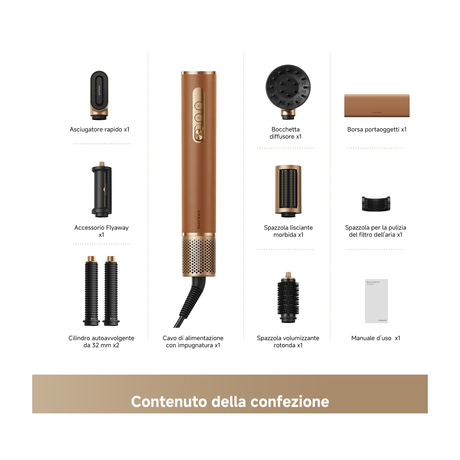Contenuto della confezione: asciugacapelli, accessori, spazzole e cavo.