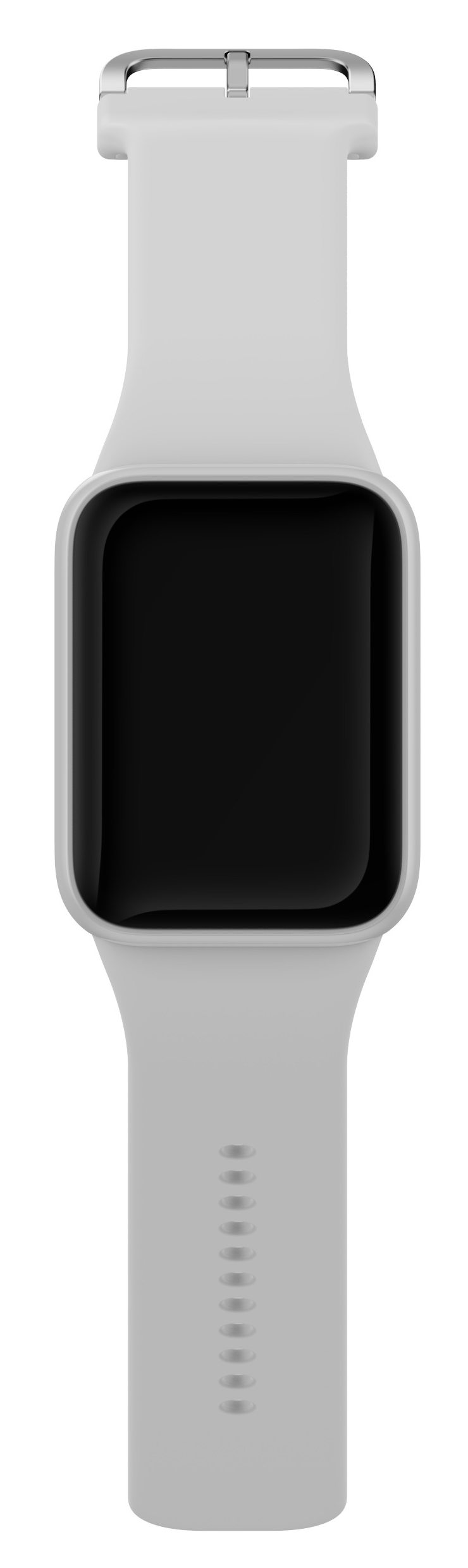 Jasnoszary smartwatch z czarnym ekranem i metalowym zapięciem.