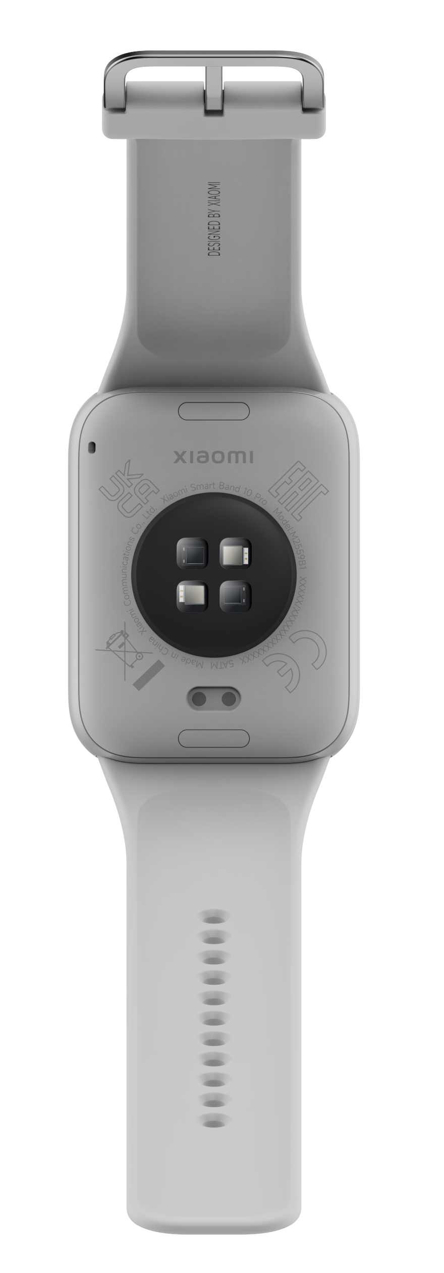 Tył szarej opaski Xiaomi Smart Band 10 Pro z stykami ładowania.
