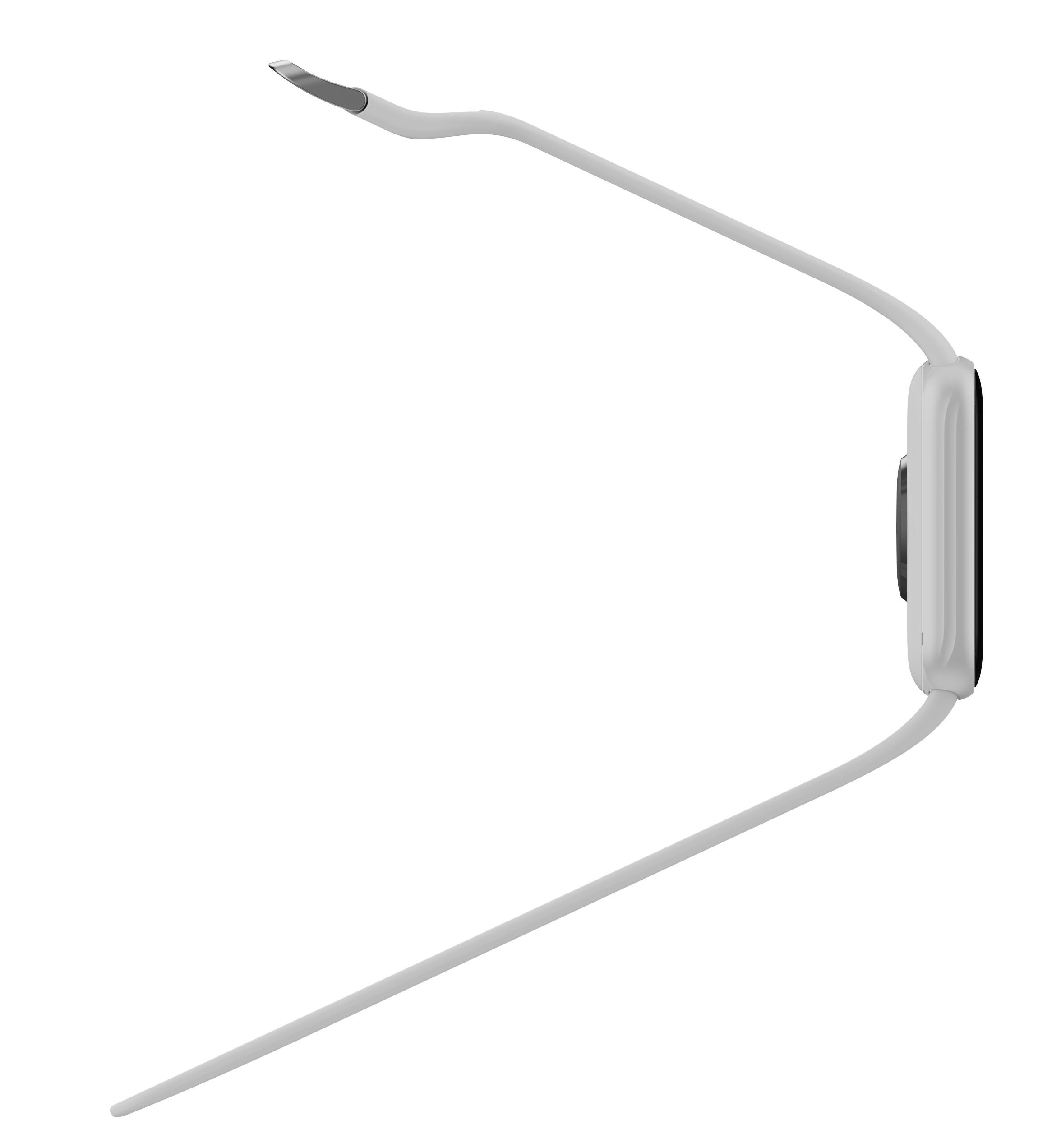 Biała opaska smartwatch z częścią koperty na białym tle.