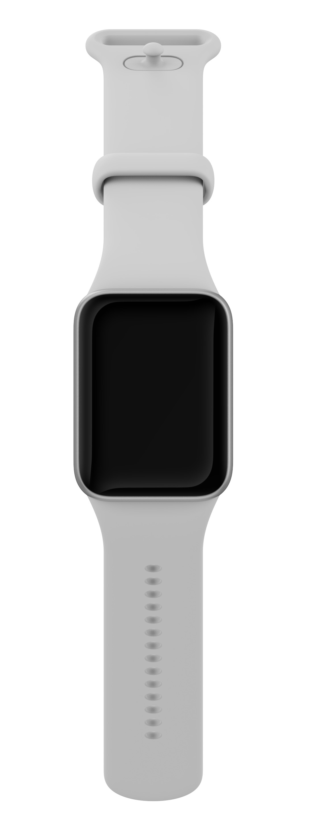 Szary smartwatch z czarnym ekranem i silikonowym paskiem.