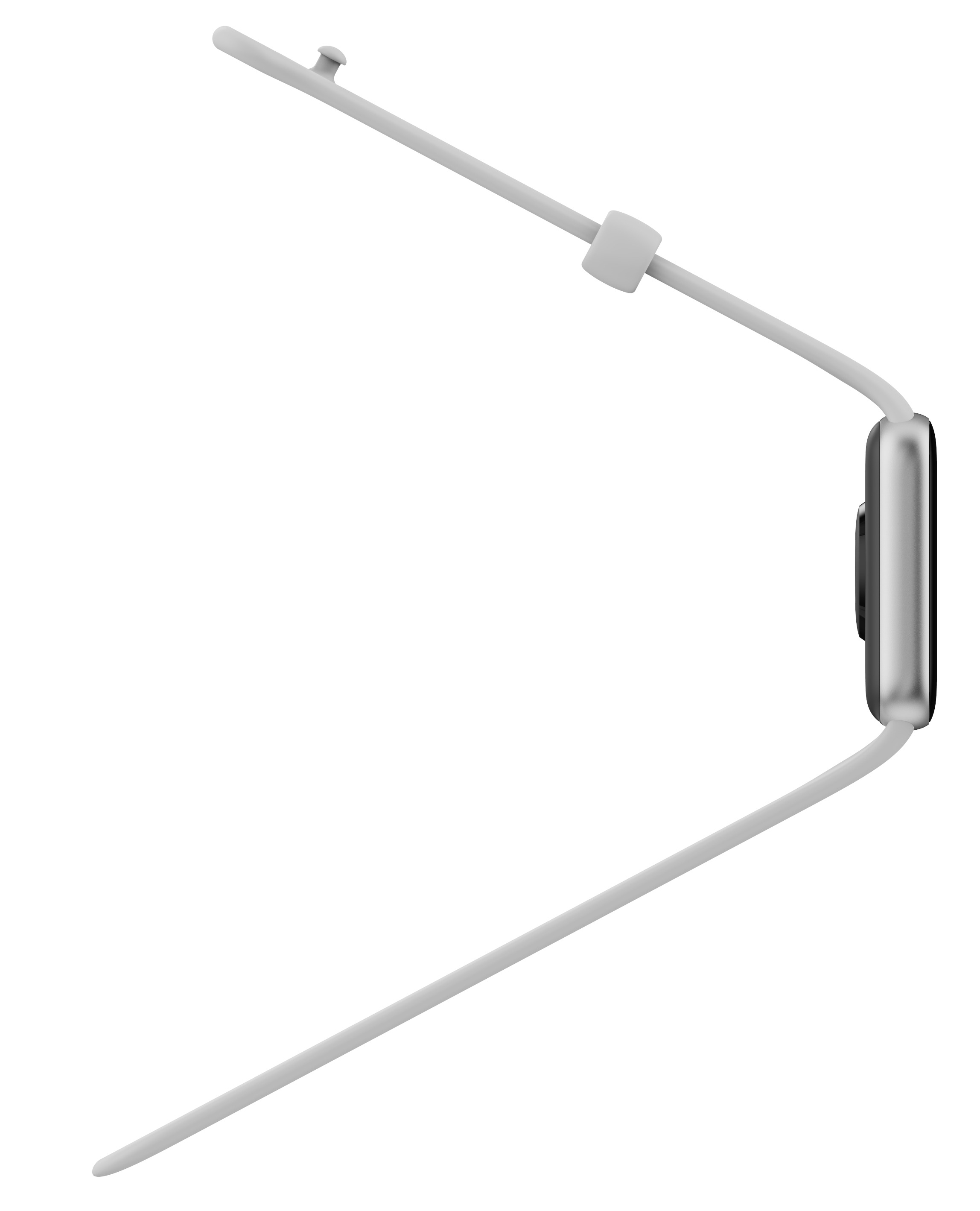 Srebrny smartwatch z białym paskiem, pokazany z boku.
