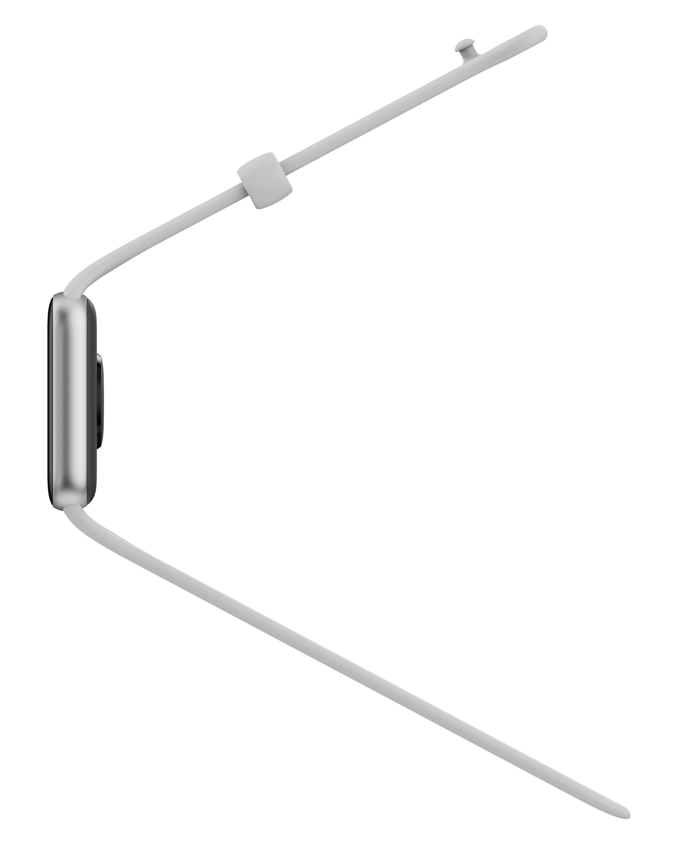 Szary smartwatch z białym paskiem, widziany z boku.