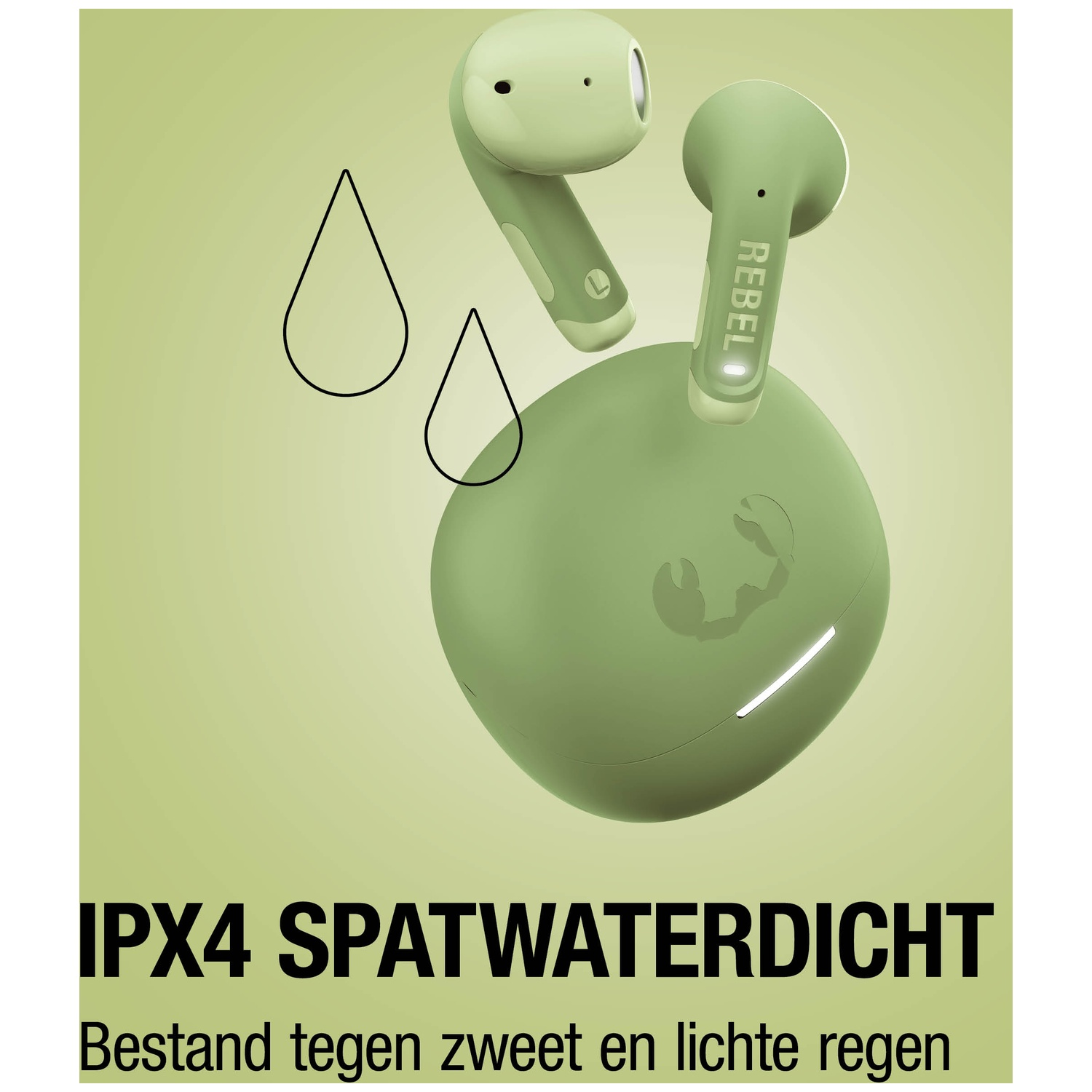 Groene oordopjes met oplaadcase, spatwaterdicht. REBEL logo op oordopje.
