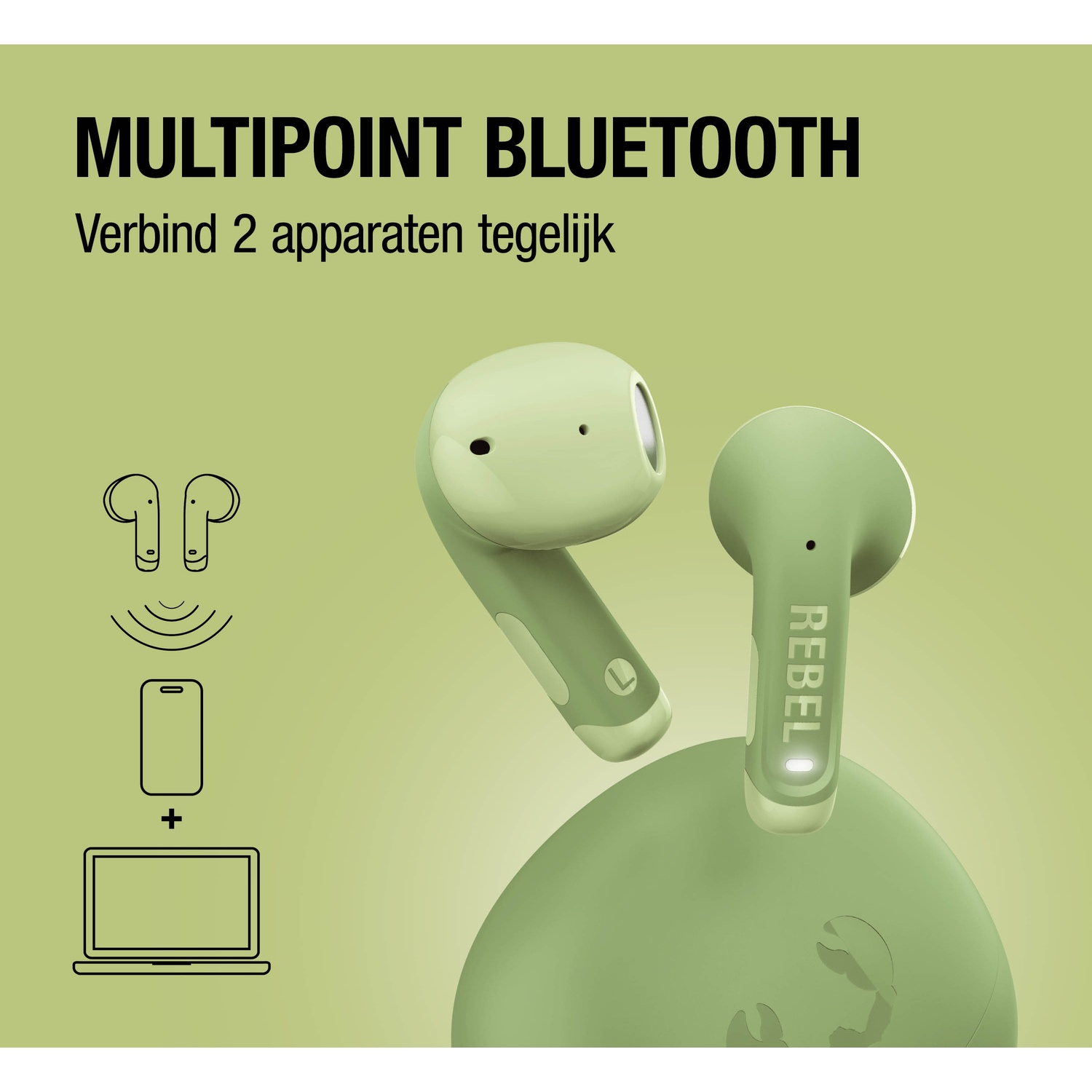 Groene Bluetooth oordopjes en oplaadcase met telefoon en laptop iconen.