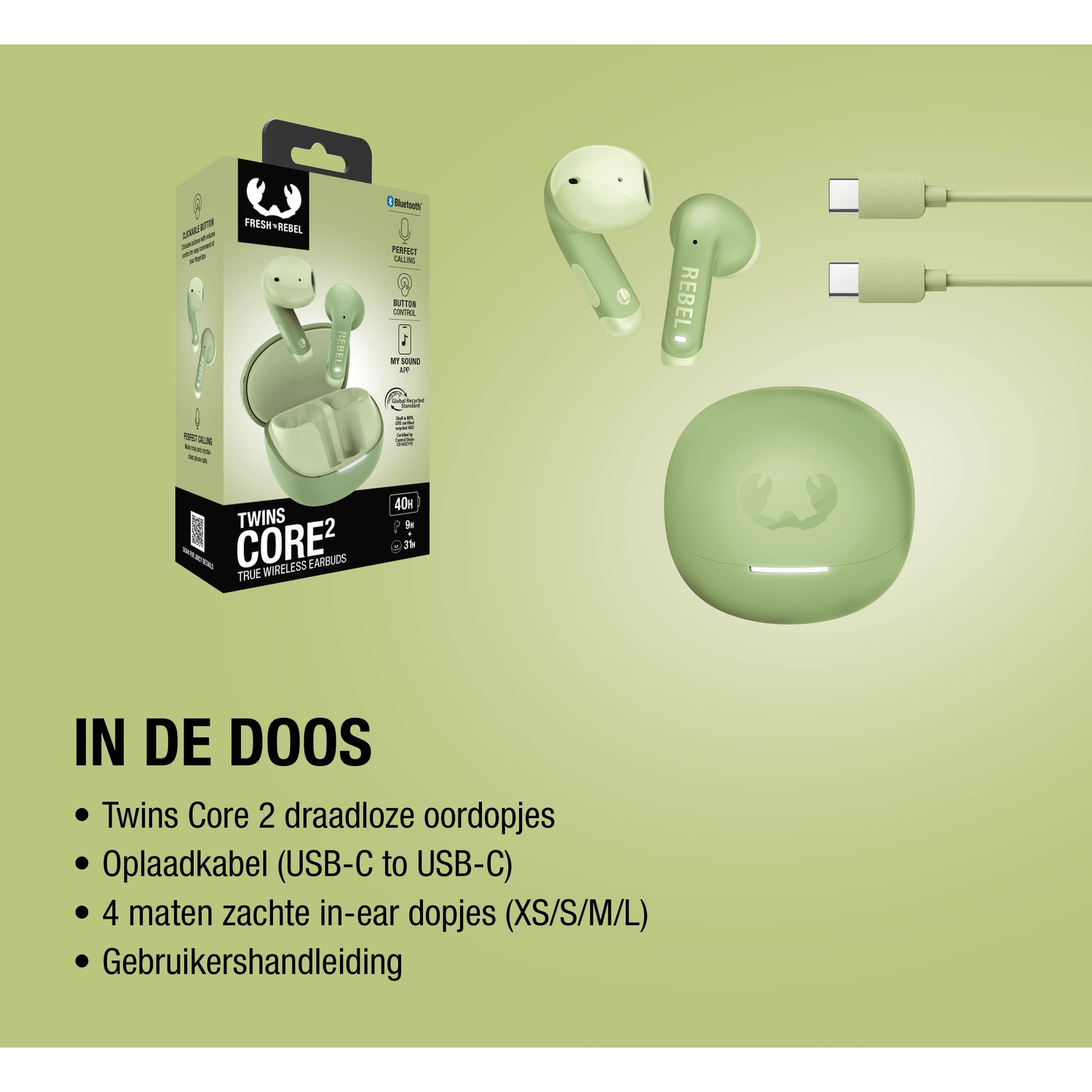 Groene True Wireless oordopjes, oplaadcase en USB-C kabel op lichtgroene achtergrond.