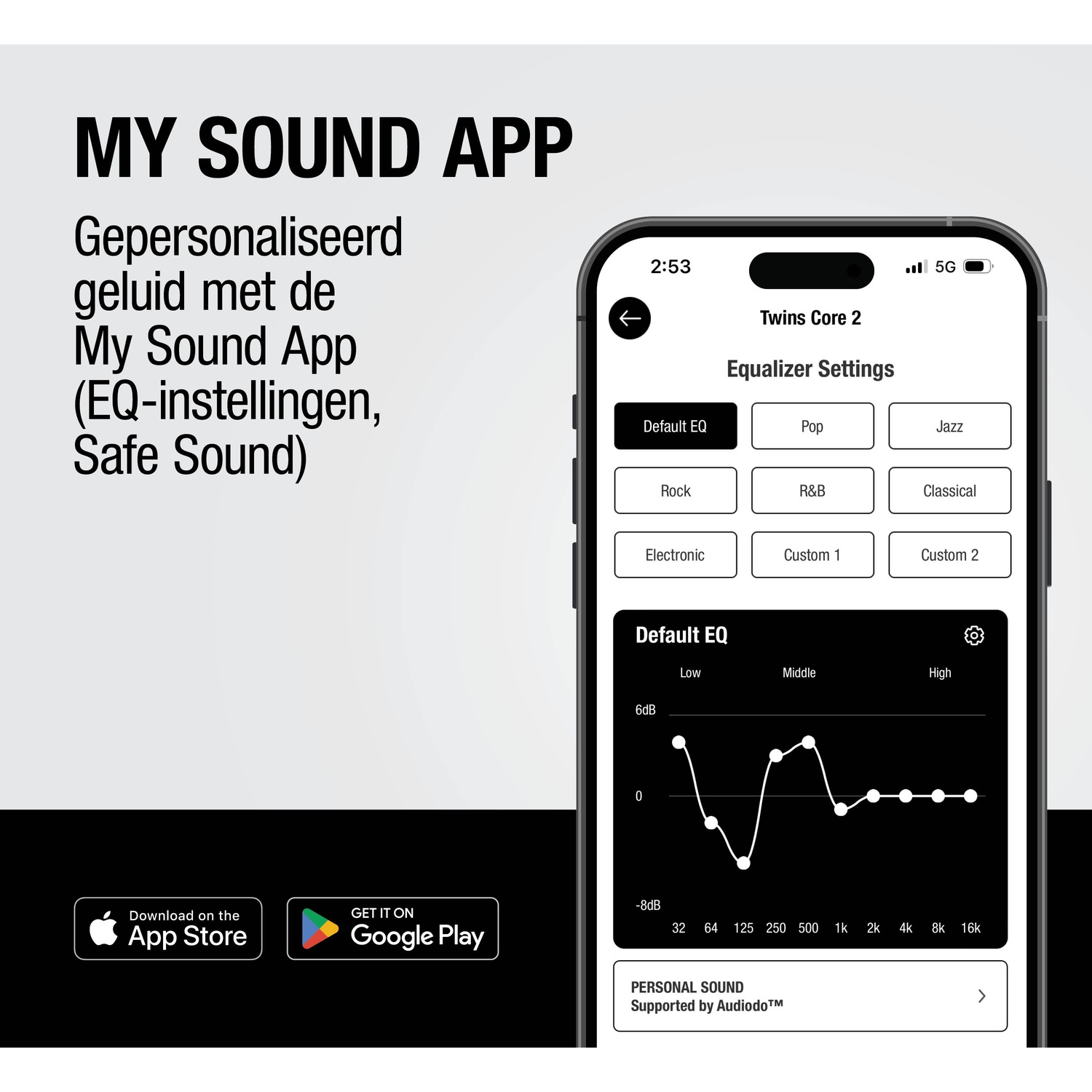 App-scherm met EQ-instellingen, met downloadknoppen voor App Store en Google Play.