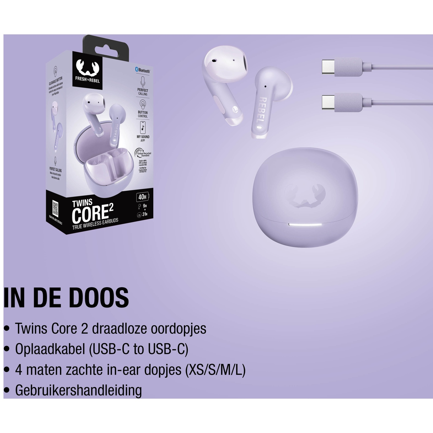 Paarse draadloze oordopjes met oplaadcase, kabel en oordopjes.