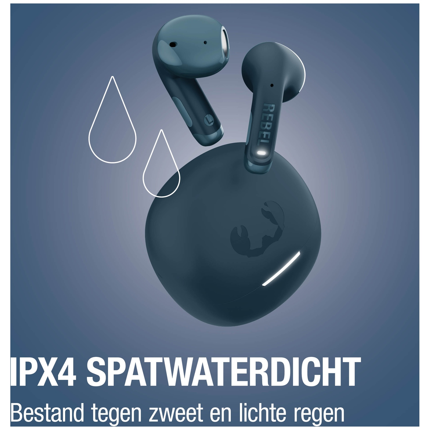 Donkerblauwe draadloze oordopjes met oplaadcase. IPX4 spatwaterdicht.