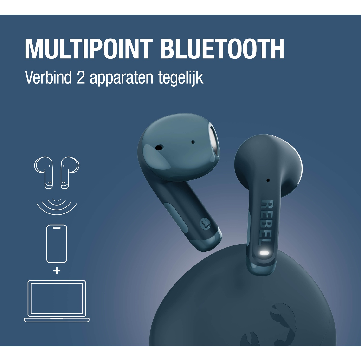 Blauwe draadloze oordopjes met oplaadcase, tonen multipoint Bluetooth.