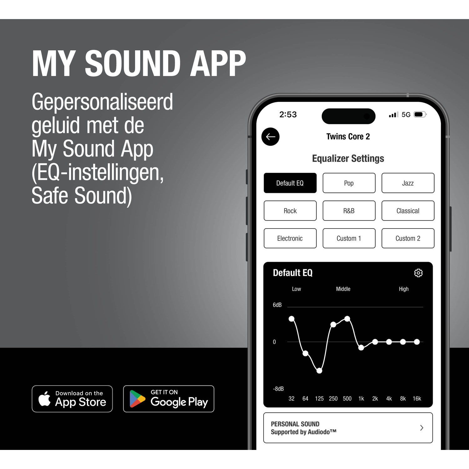 App-scherm met EQ-instellingen, downloadknoppen voor App Store en Google Play.