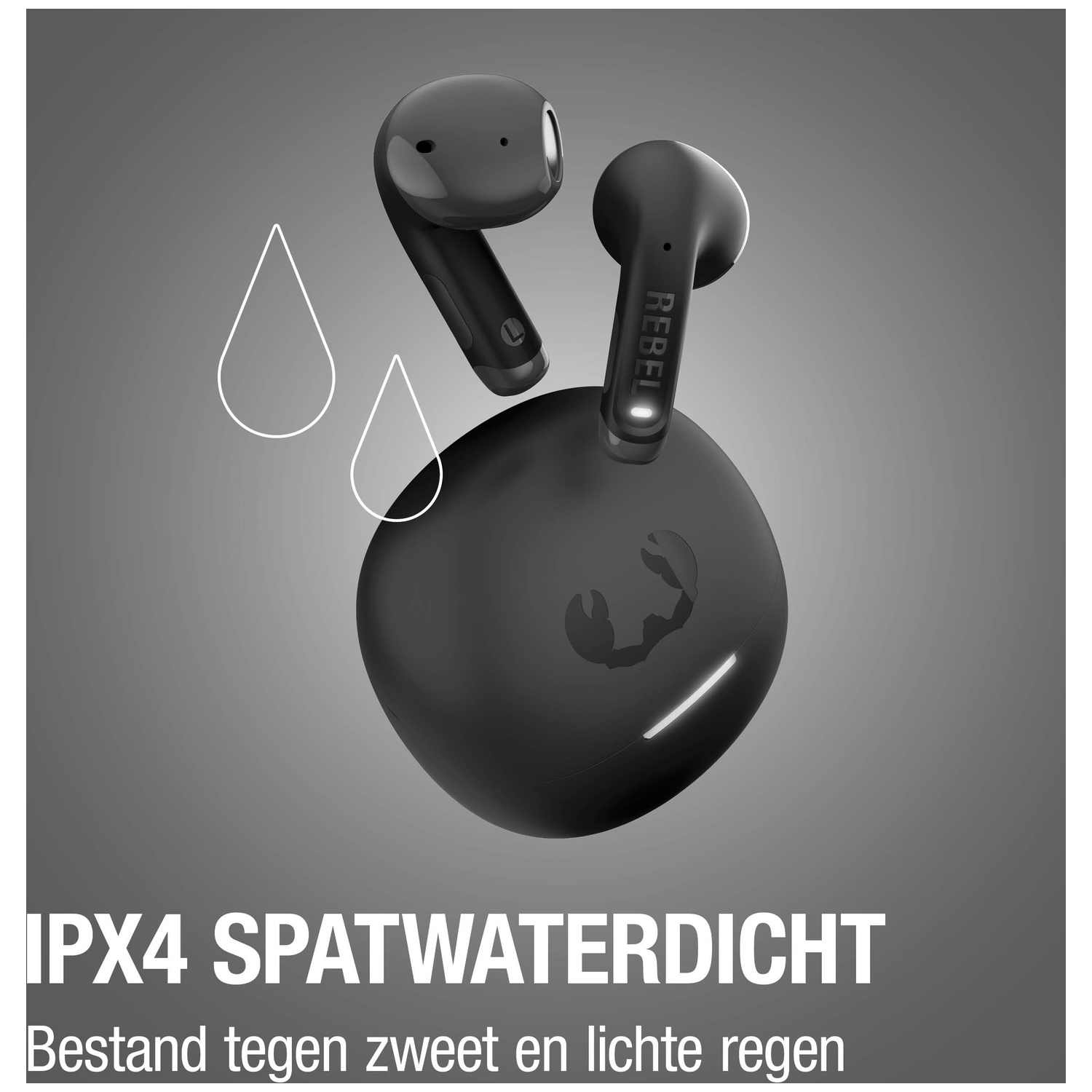 Zwarte oordopjes met oplaadcase, IPX4 spatwaterdicht.