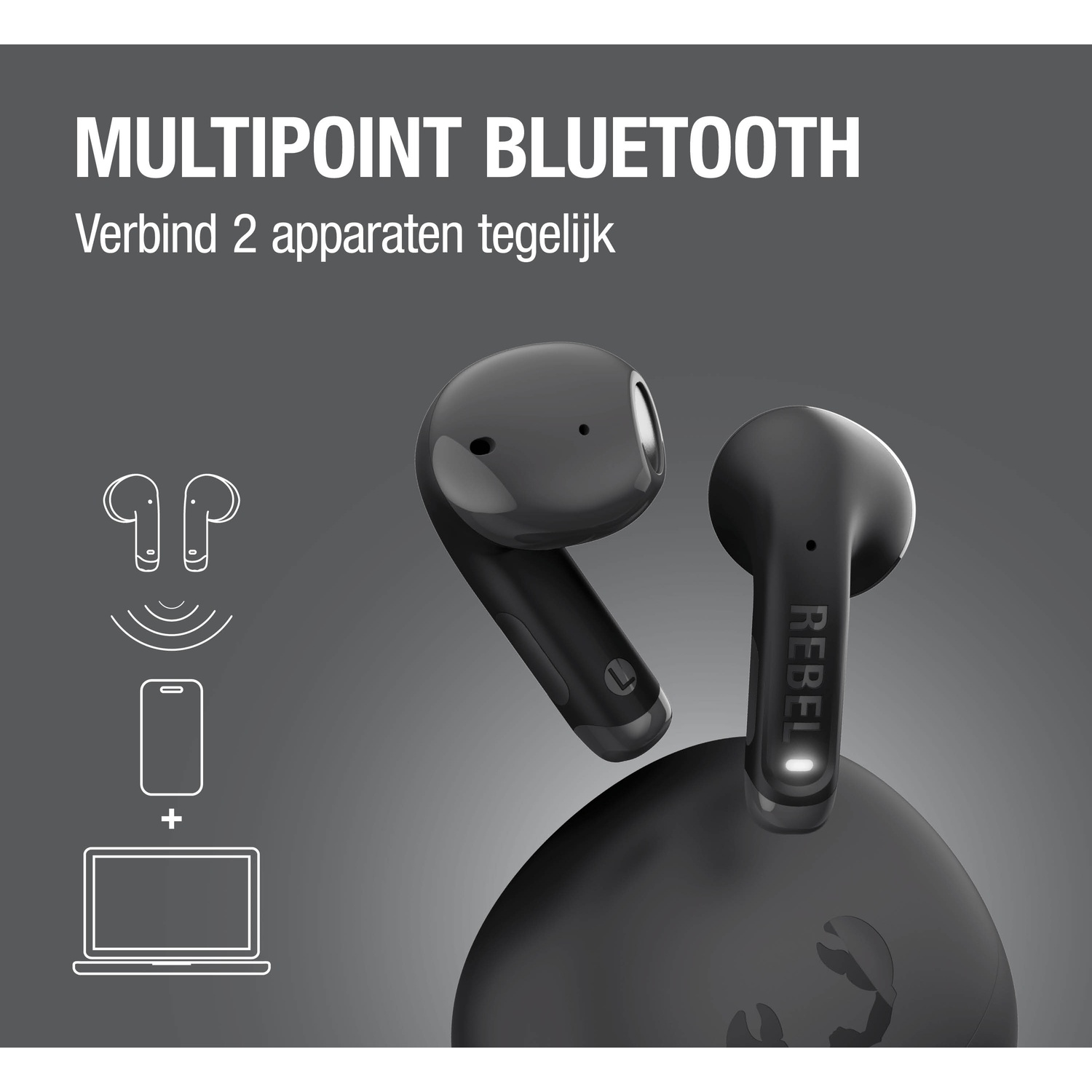 Draadloze oordopjes met multipoint Bluetooth voor twee apparaten.
