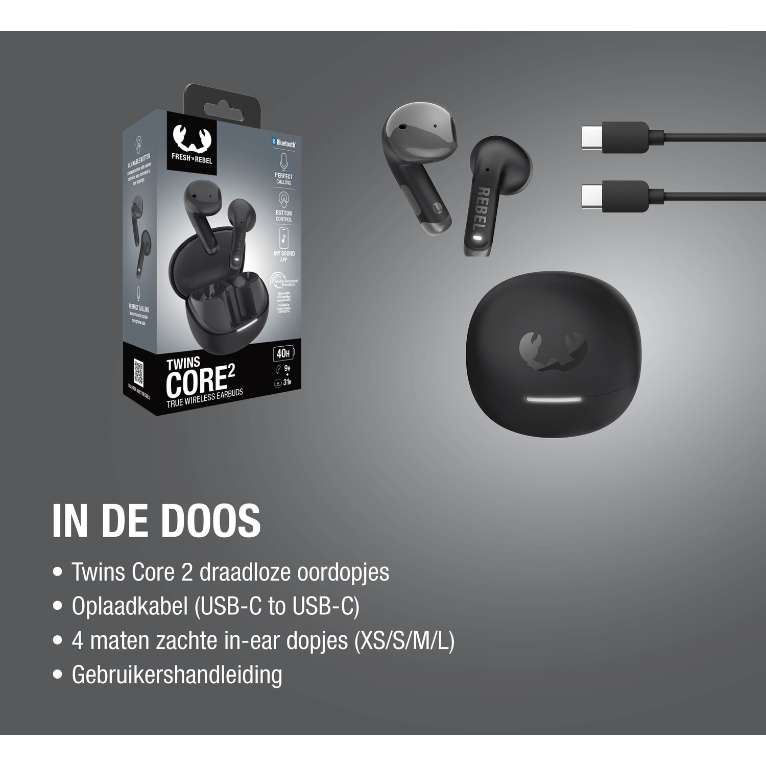 Doos met zwarte draadloze oordopjes, oplaadcase en kabels.