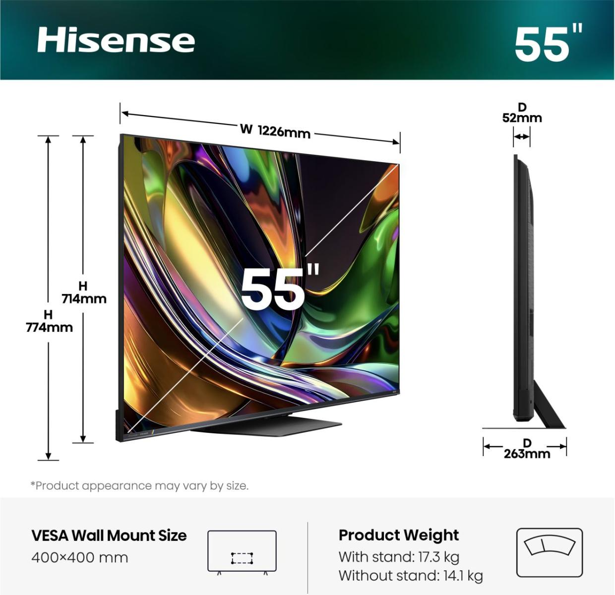 Hisense 55 hüvelykes TV részletes méretekkel és súlyadatokkal.