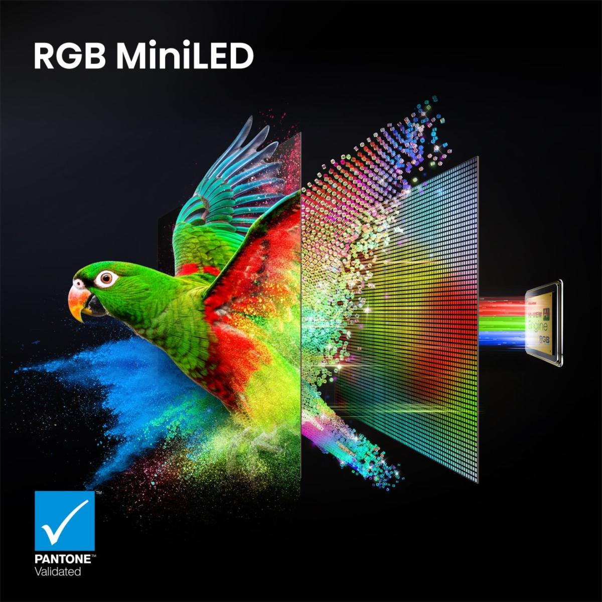 Egy zöld papagáj színekben robban egy RGB MiniLED kijelző előtt.