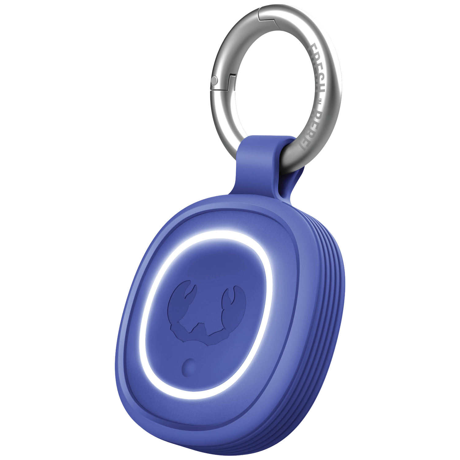 A blue oval device with a silver carabiner clip and a glowing white ring.