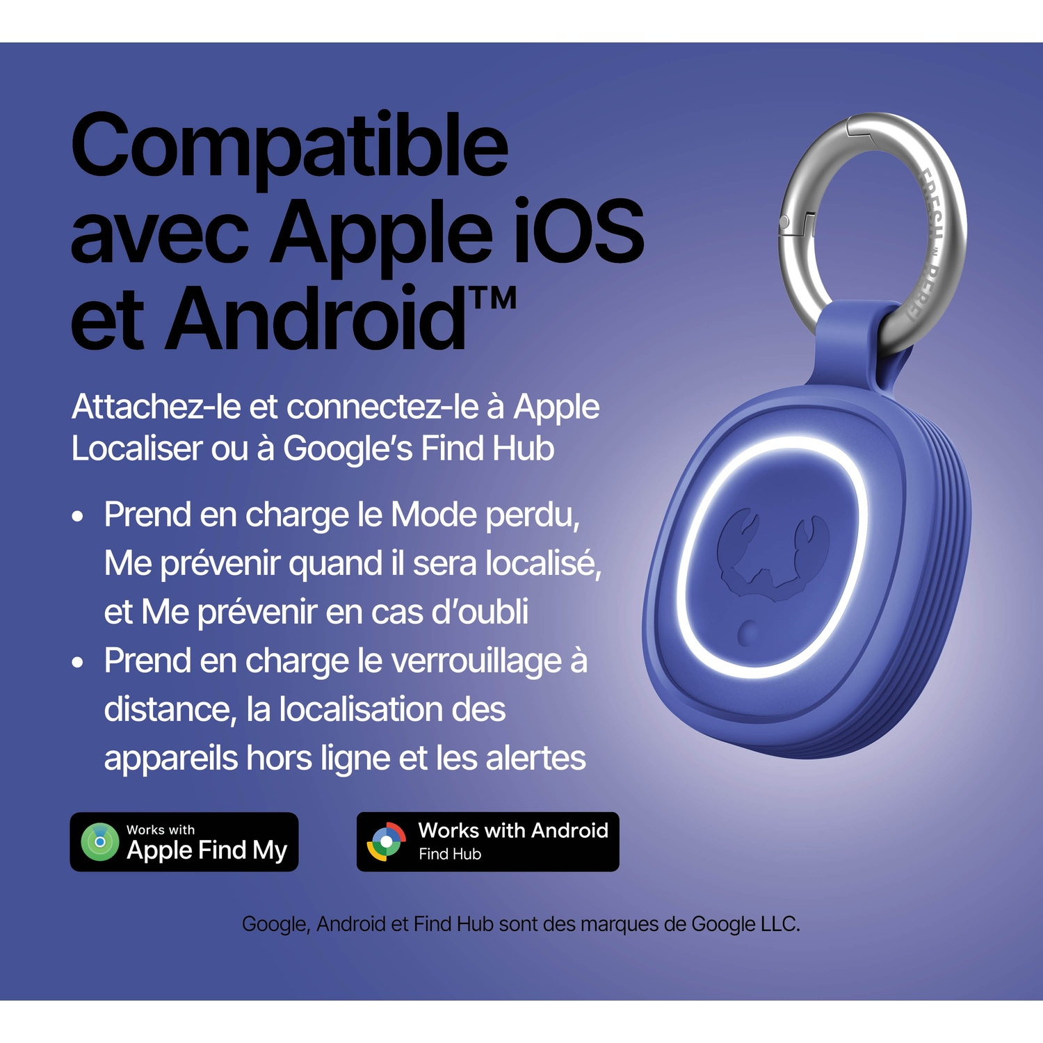 Un traceur bleu avec un anneau argenté est compatible iOS et Android.